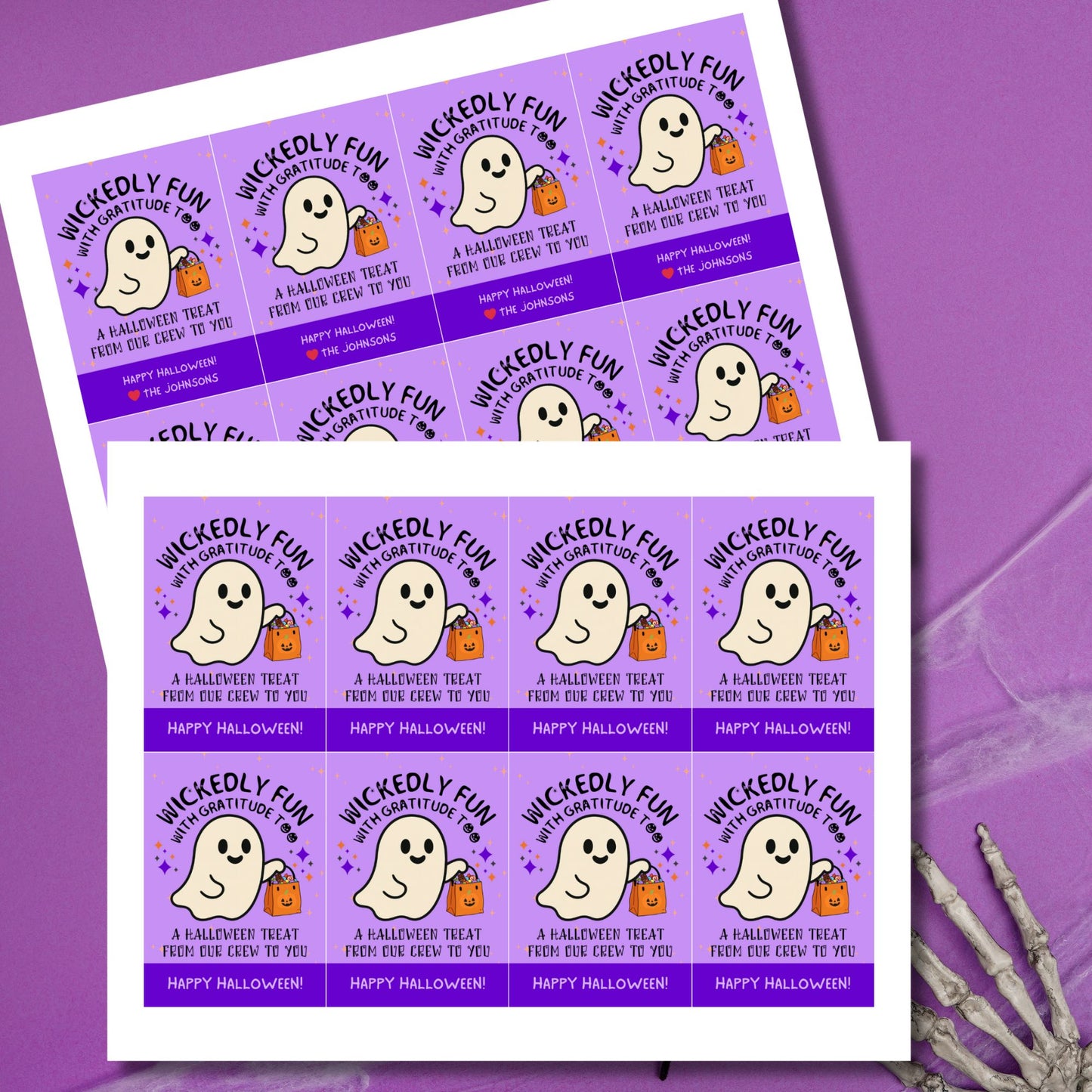 Halloween-themed stickers with ghost illustrations on a purple background