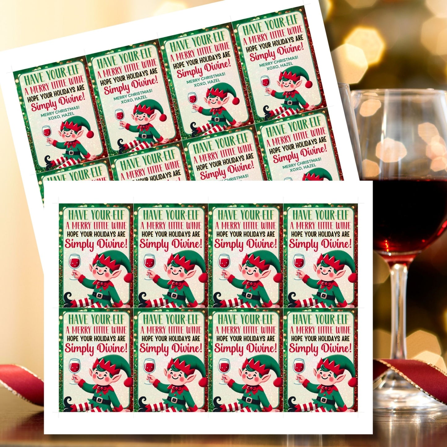 Christmas gift tags featuring a cheerful elf holding a glass of wine with the message "Have Your-elf a Merry Little Wine," perfect for holiday wine gifts. These printable and editable tags add a festive and humorous touch to wine presents.