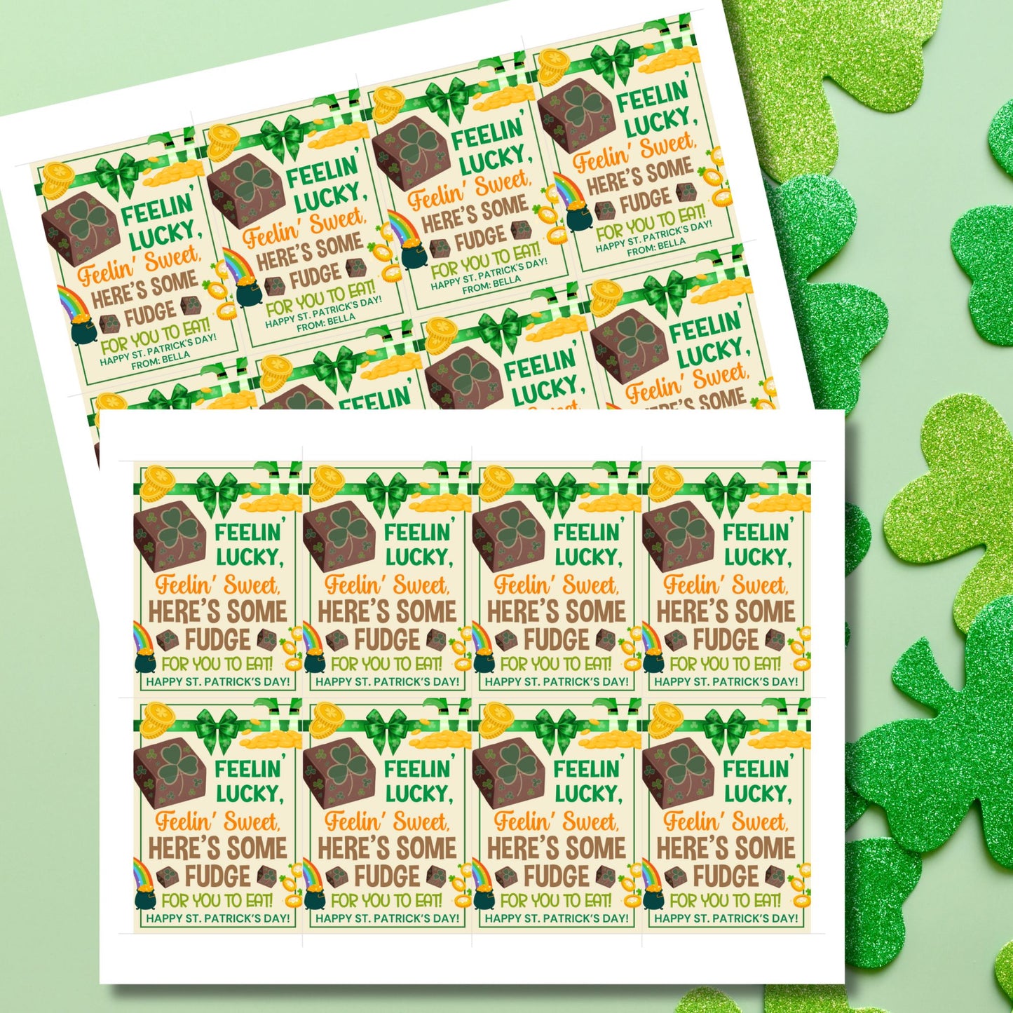A festive St. Patrick’s Day printable gift tag featuring chocolate fudge decorated with shamrocks, gold coins, and rainbows, with the fun phrase “Feelin’ Lucky, Feelin’ Sweet – Here’s Some Fudge for You to Eat!” The tags are 2.5 x 3.5 inches, laid out on an 8.5 x 11-inch sheet, 8 per page. Available as a printable PDF and an editable Canva template for personalization.