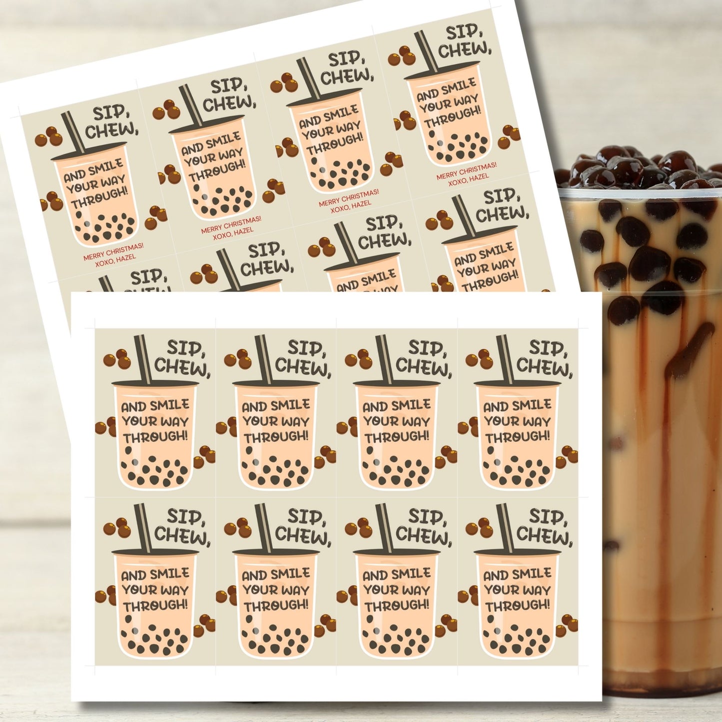 A cute and bubbly gift tag featuring a boba tea cup with the message: "Sip, Chew, and Smile Your Way Through!" Perfect for boba-themed gifts.