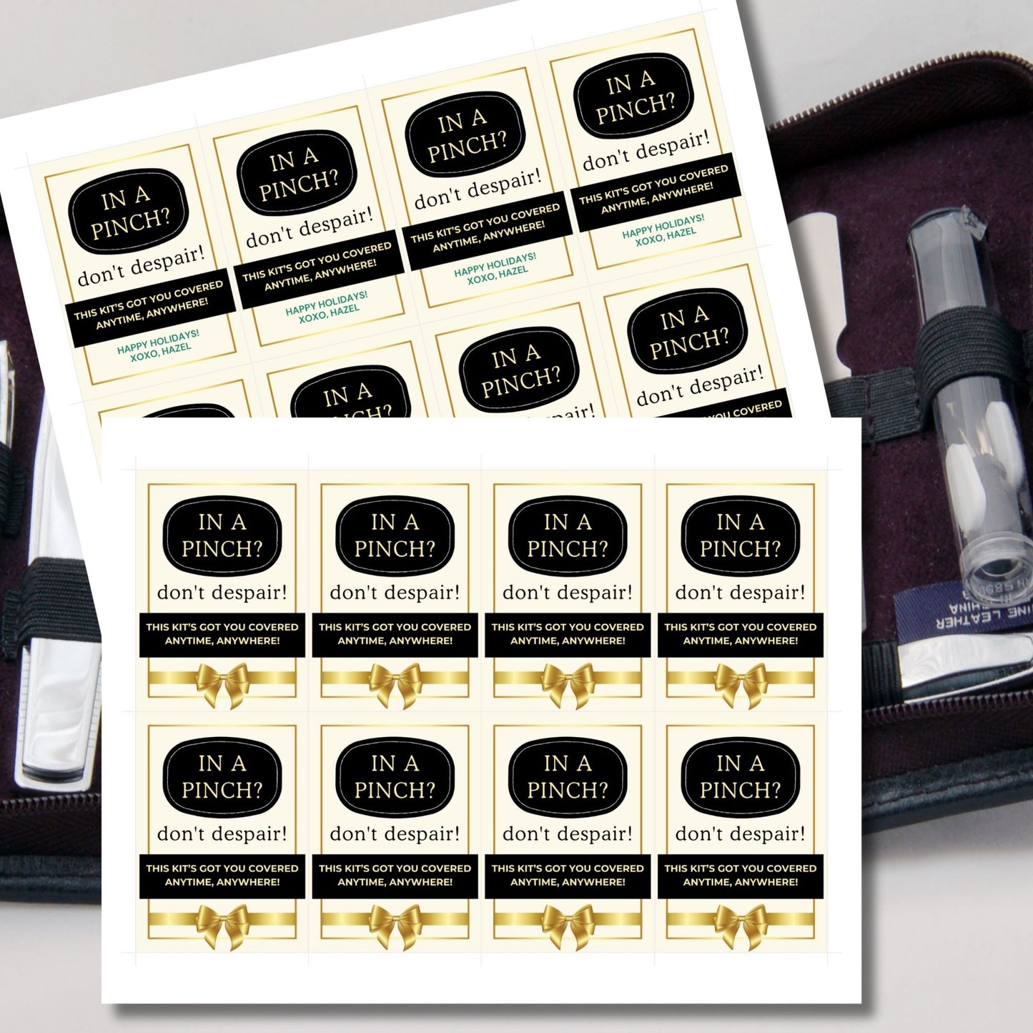 Elegant black and gold "In A Pinch? Don’t Despair!" gift tags, perfect for emergency kits or small survival packs. Includes printable and editable Canva template.