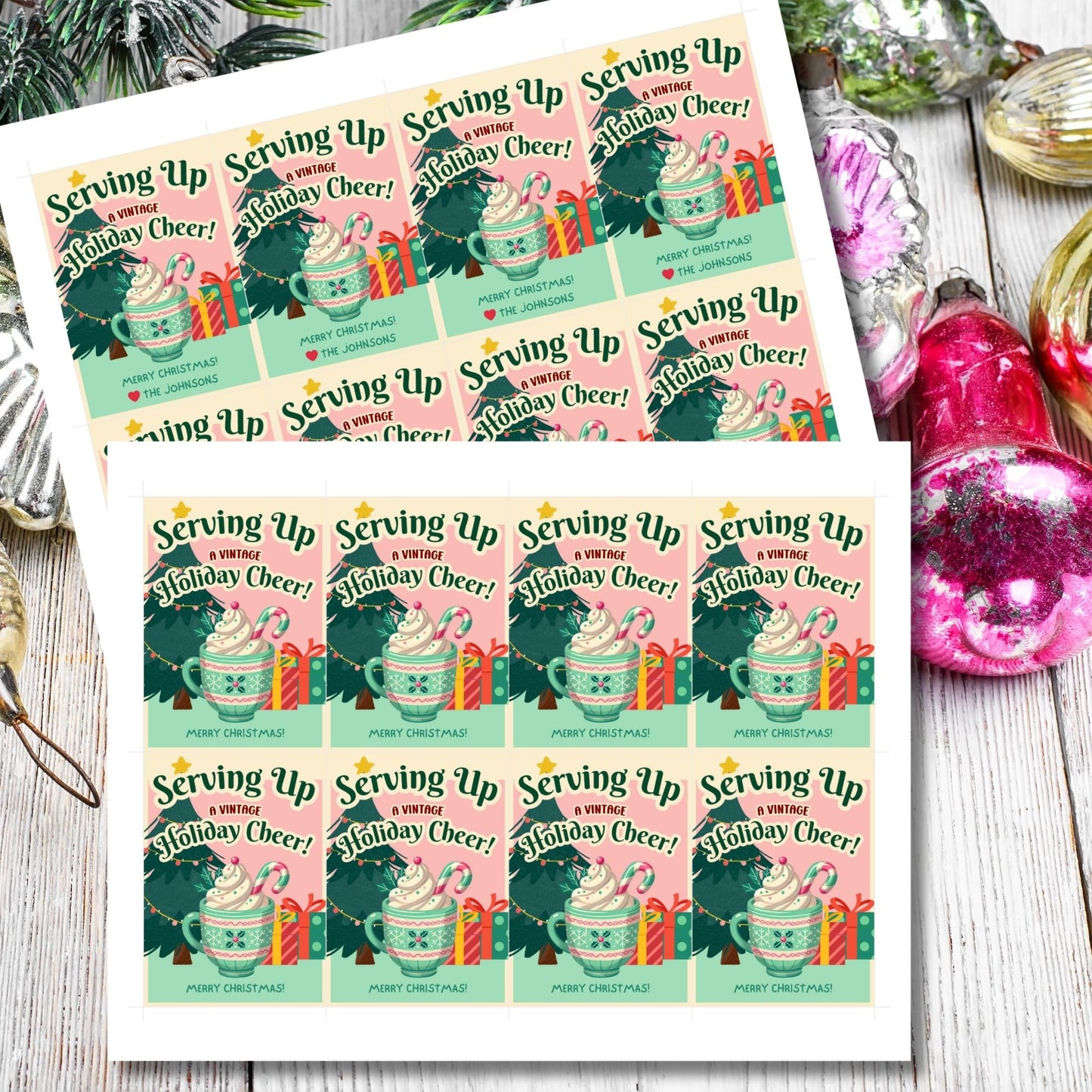 Retro-inspired Christmas gift tags featuring a cozy mug of whipped cream with a candy cane, a Christmas tree, and presents, paired with the message "Serving Up a Vintage Holiday Cheer!" These printable and editable tags add a charming, nostalgic touch to holiday gifts.