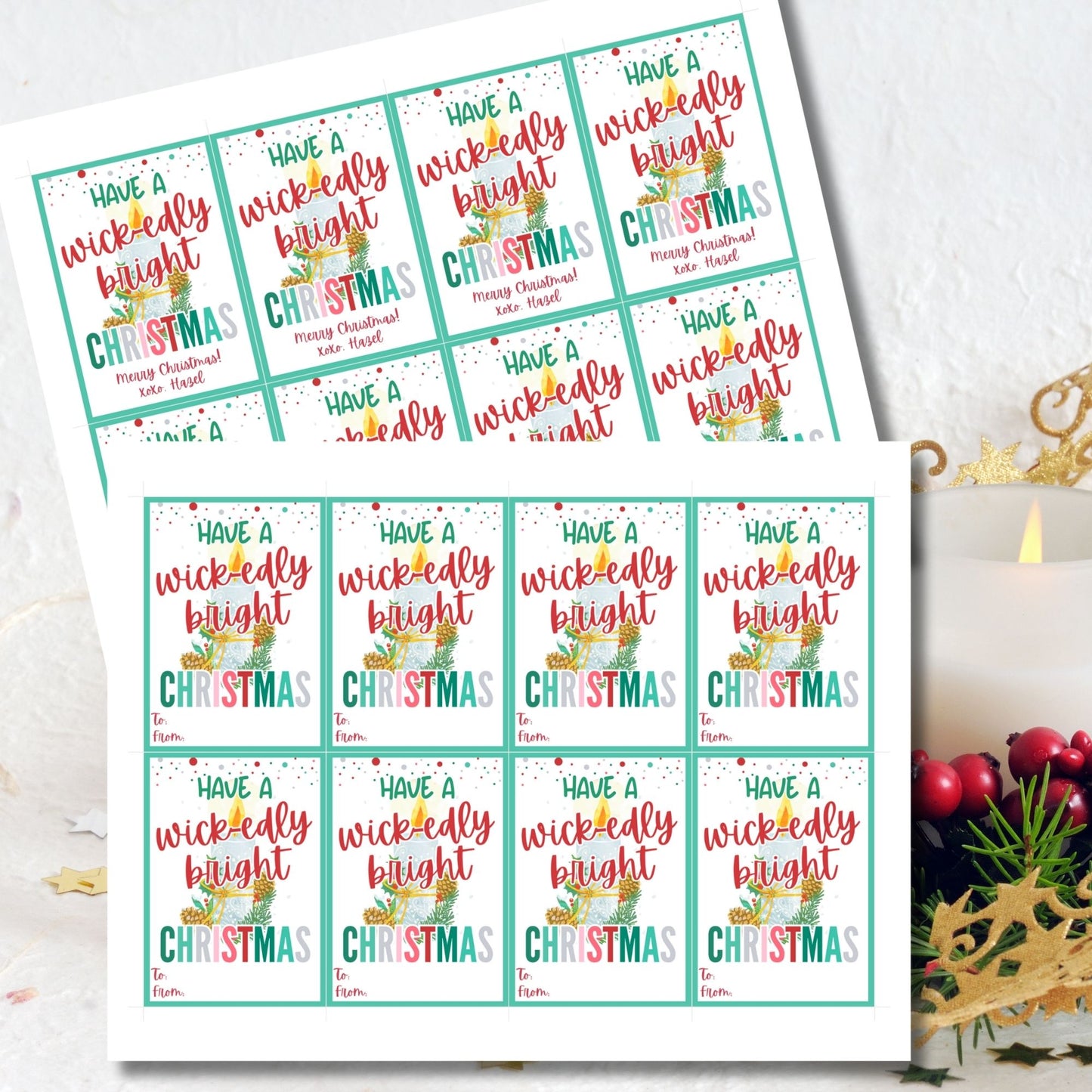 Christmas gift tags featuring a cozy candle with festive greenery and the message "Have a Wick-edly Bright Christmas." These printable and editable tags add a warm, festive touch to gifts like candles and lanterns.