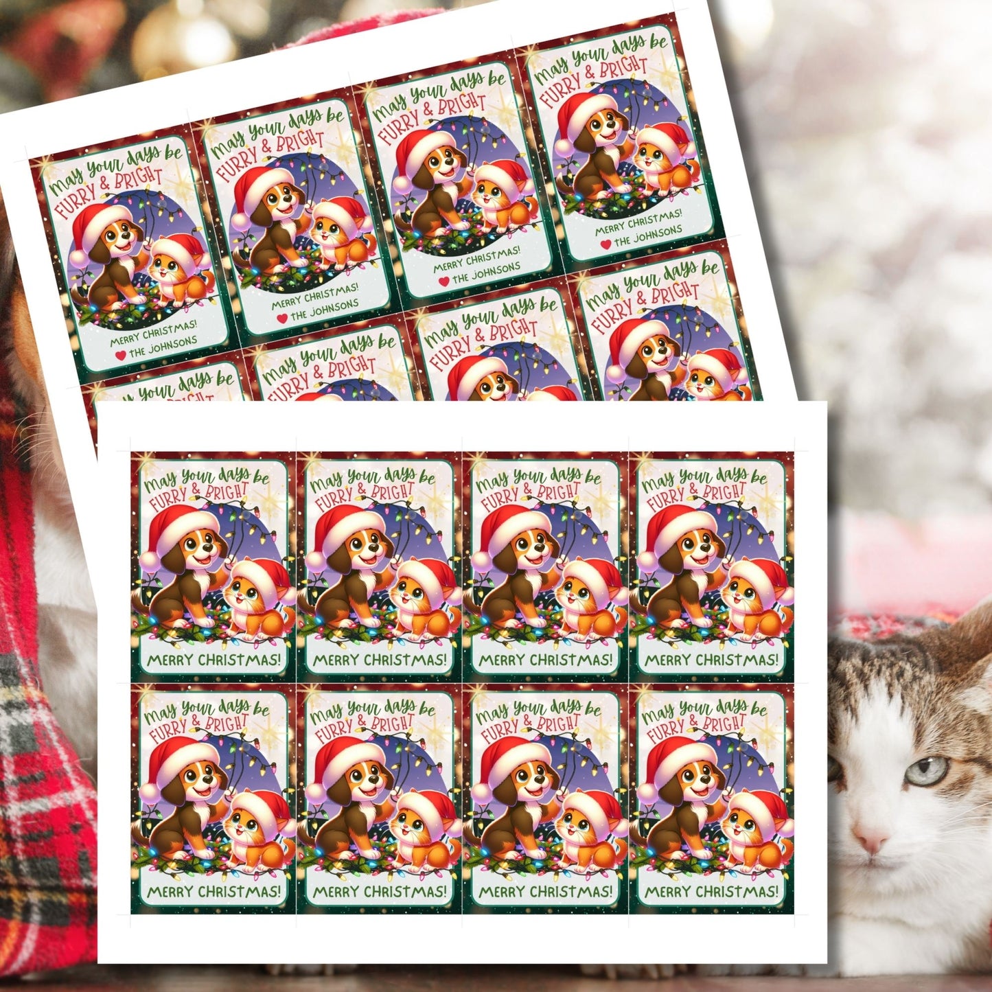 Christmas gift tags featuring a cute dog and cat in Santa hats, surrounded by festive holiday lights with the message "May Your Days Be Furry & Bright." These printable and editable tags are perfect for pet-themed holiday gifts.