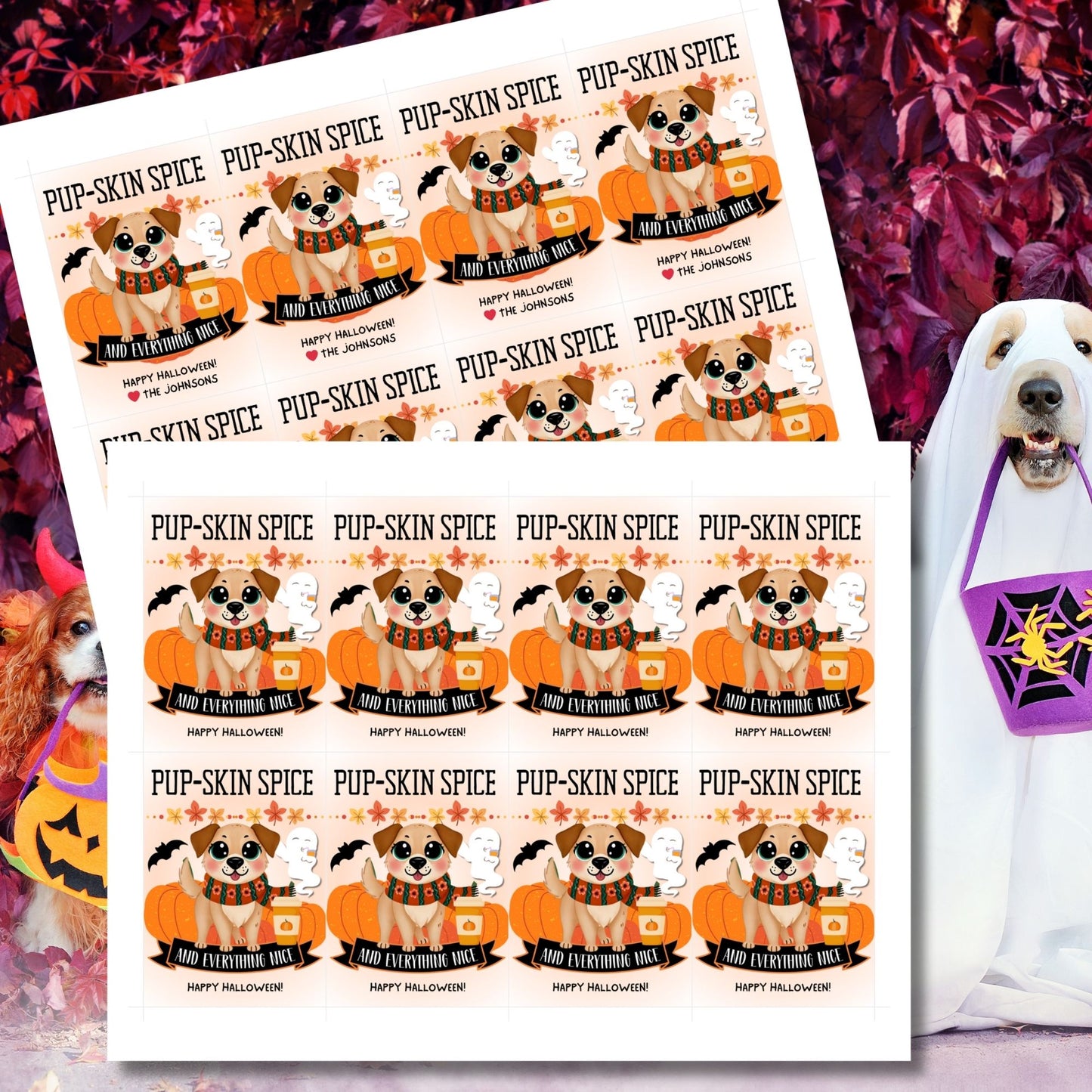 Cute Halloween-themed gift tags featuring a dog with a pumpkin spice latte, surrounded by pumpkins, ghosts, and bats. The tags have the message "Pup-Skin Spice and Everything Nice" and are 2.5 x 3.5 inches, laid out 8 per sheet on an 8.5 x 11-inch page. Includes a printable PDF and a link to an editable Canva template.