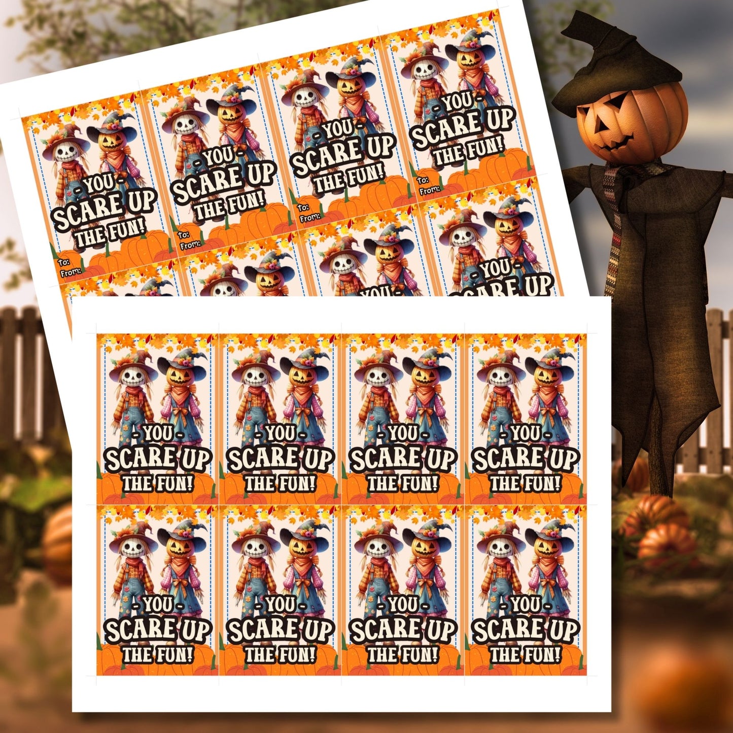 Editable scarecrow-themed fall gift tags with the message 'You Scare Up the Fun!' in 2.5 x 3.5 inches, 8 per sheet, available as printable and customizable PDFs