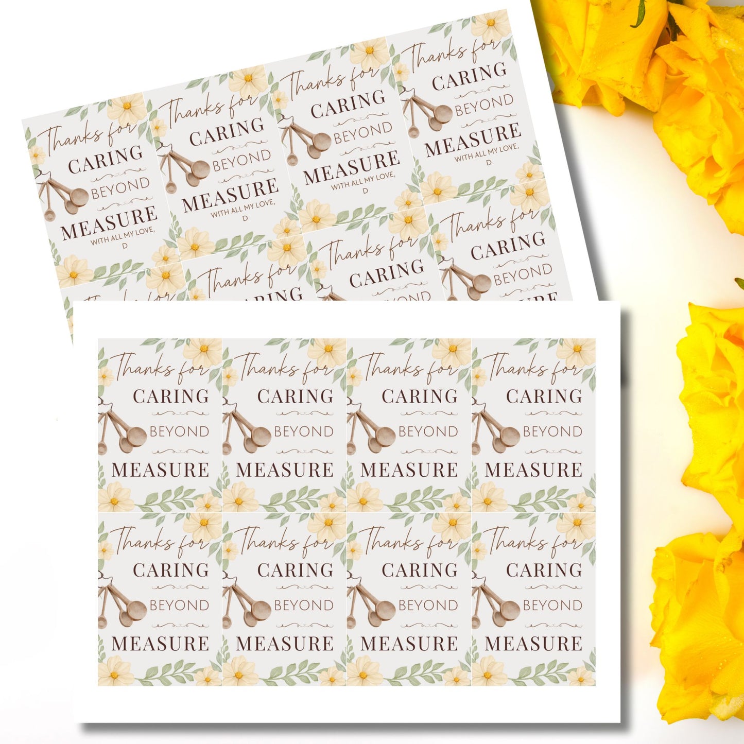 Printable and editable “Thanks for Caring Beyond Measure” gift tag with kitchen theme – perfect for caregivers, nurses, and appreciation gifts.