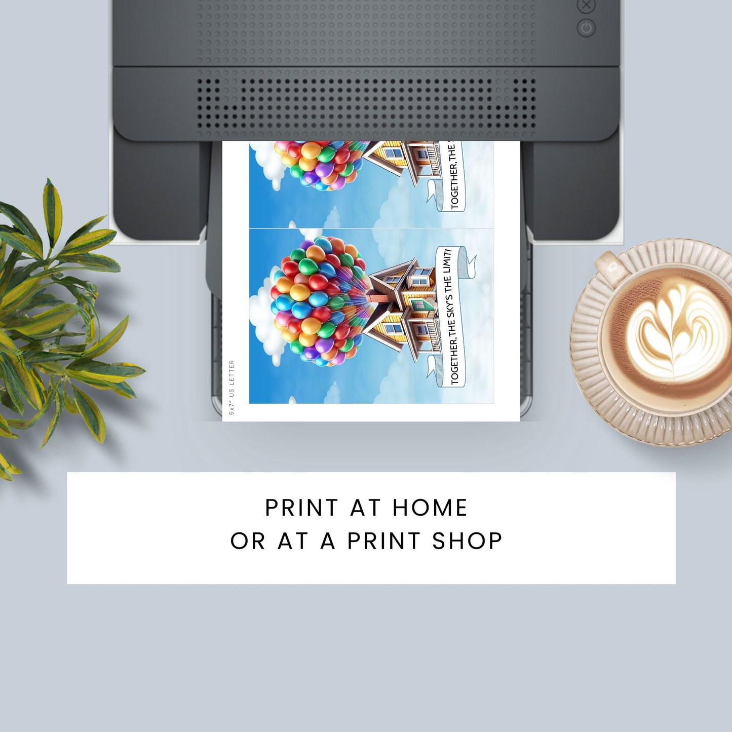 Up movie-inspired printable Valentine’s Day Greeting Card featuring the pun “Together the Sky’s the Limit,” designed as a 5x7 PDF on an 8.5 x 11 sheet with two cards per page. Perfect for gifting to someone special.