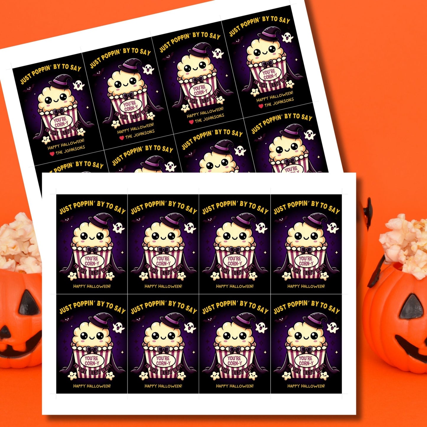 Halloween-themed printable gift tags with the message "Just Poppin' By to Say You're Corn-y in the Best Way" featuring a cute popcorn character dressed in Halloween attire. Tags are 2.5 x 3.5 inches, laid out 8 per sheet on a standard 8.5 x 11-inch page. Includes a printable PDF and a PDF with a link to an editable Canva template.
