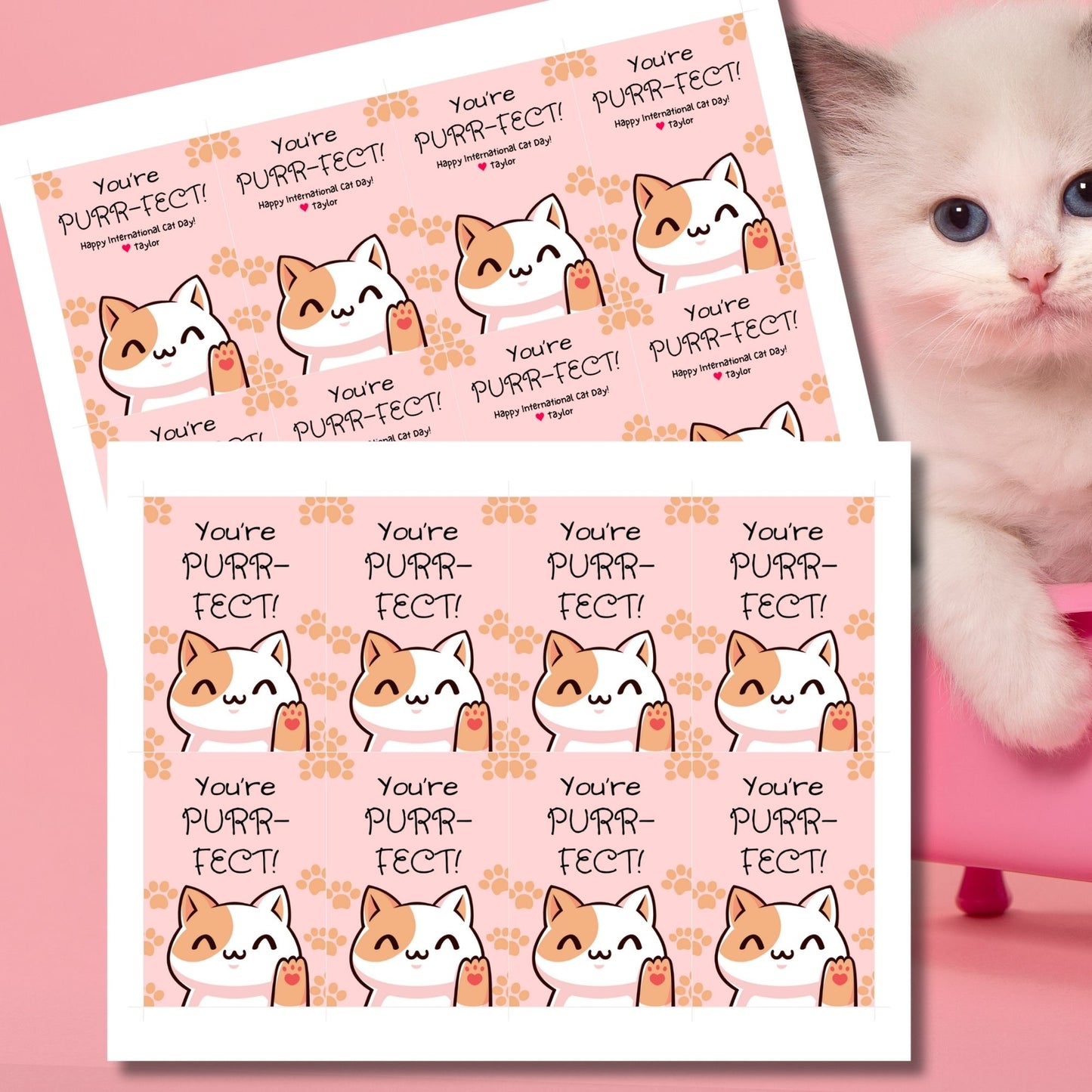 Editable International Cat Day gift tags, perfect for cat-themed parties or gifts for cat lovers, laid out on an 8.5 x 11-inch sheet with 8 tags per sheet