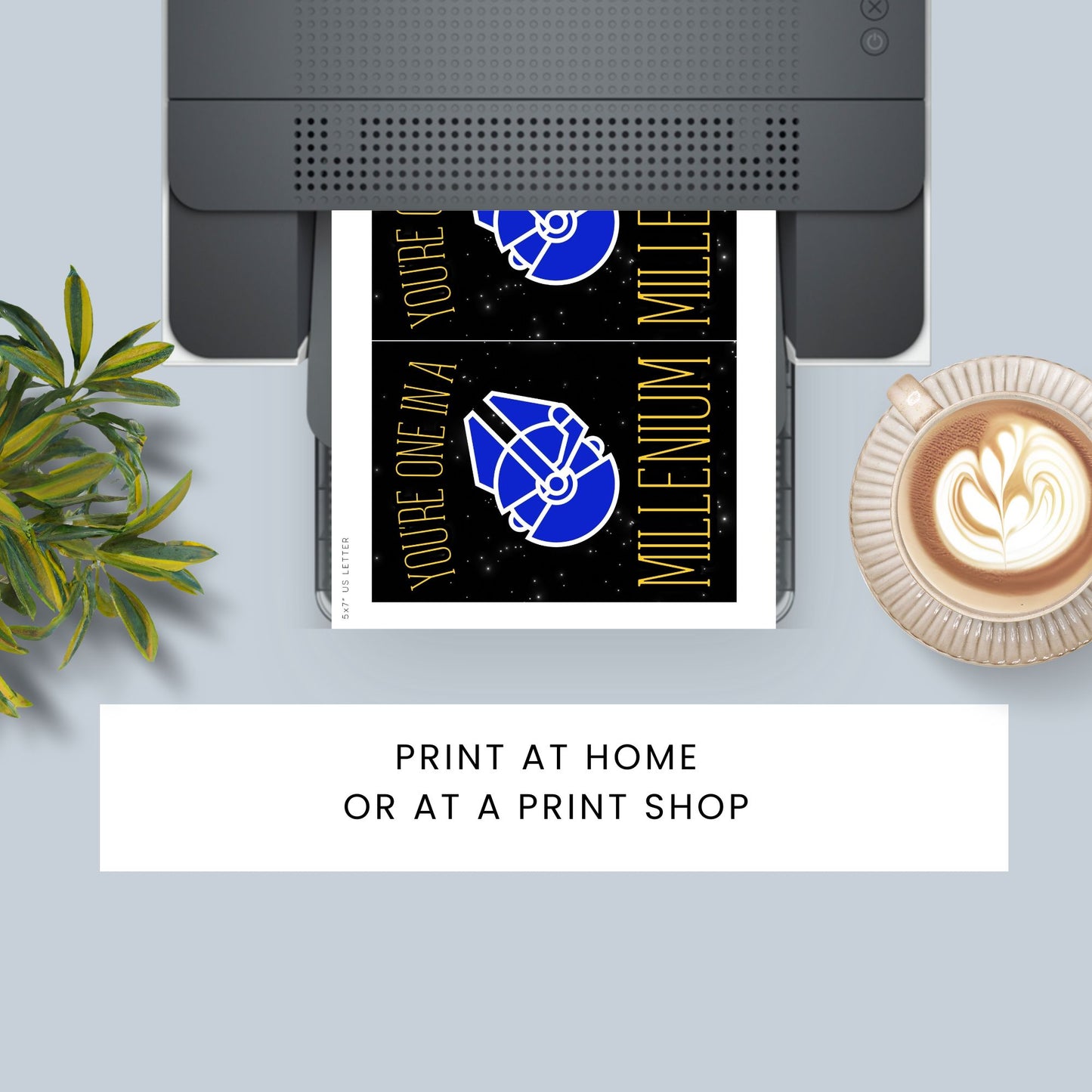 Printable Valentineās Day Greeting Card featuring the pun āYou're One in a Millennium.ā Designed as a 5x7 PDF on an 8.5 x 11 sheet with two cards per page. A perfect Valentineās card for sci-fi and space lovers.