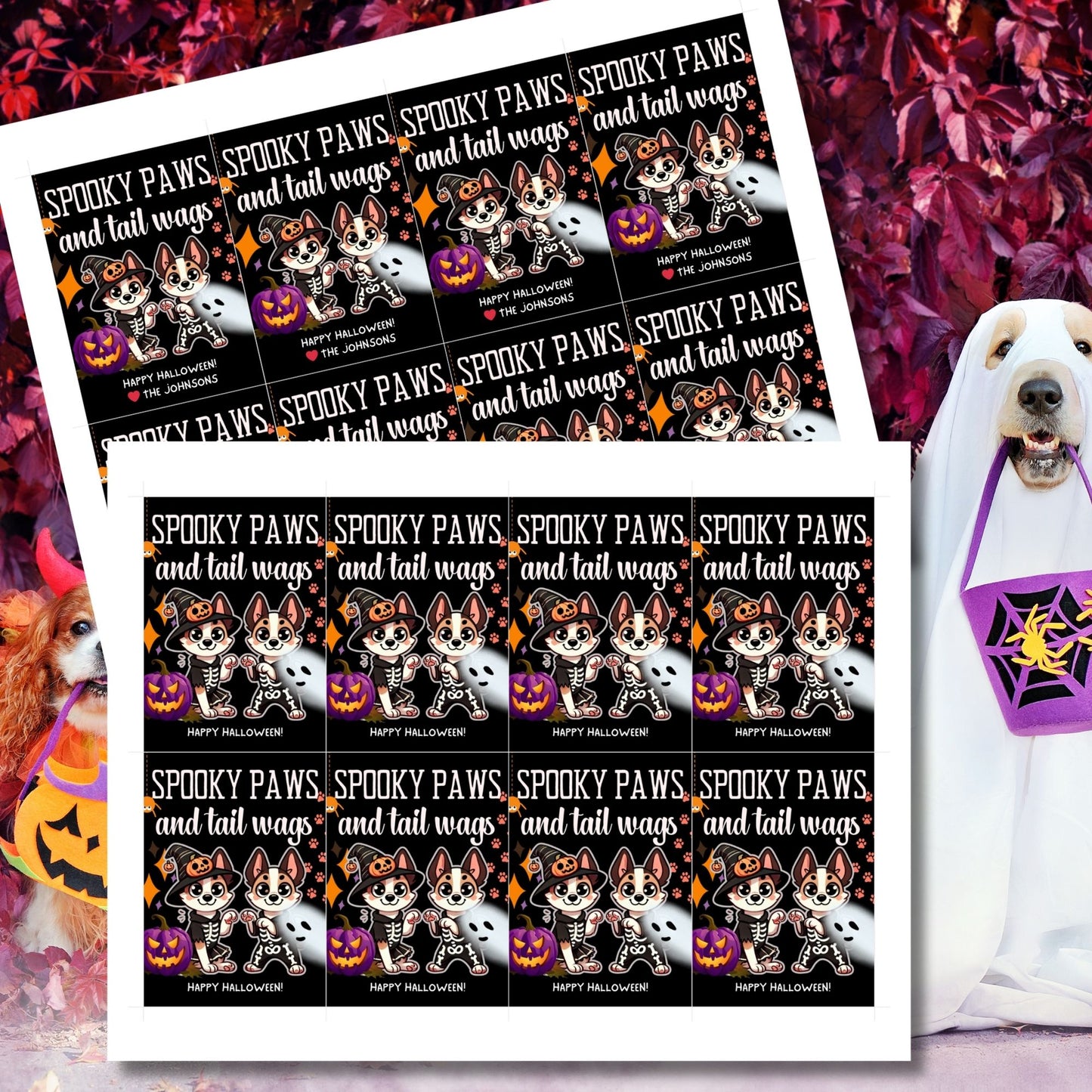 Dog-themed printable Halloween gift tags featuring two dogs in skeleton costumes and pumpkins with the message "Spooky Paws and Tail Wags!" Tags are 2.5 x 3.5 inches, laid out 8 per sheet on an 8.5 x 11-inch page. Includes a printable PDF and a PDF with a link to an editable Canva template.