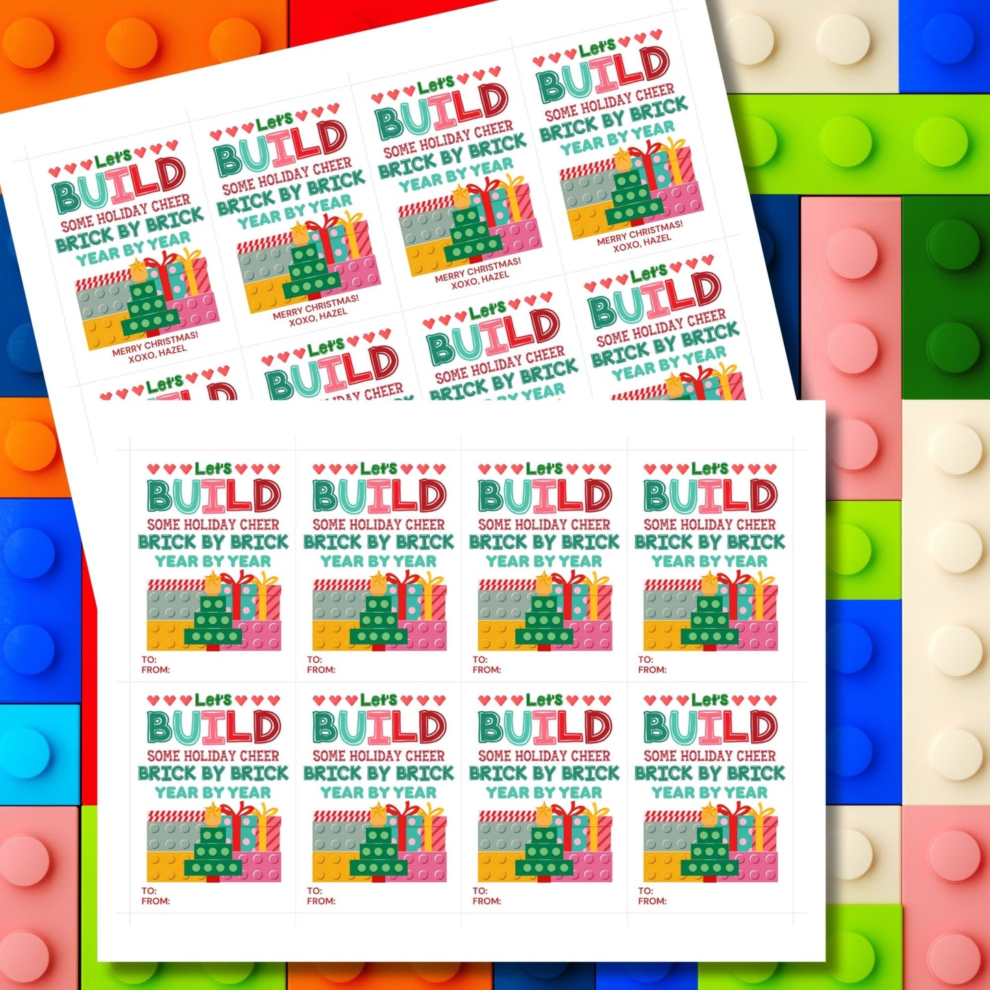 Festive "Let’s Build Some Holiday Cheer" gift tags with a building block theme, perfect for LEGO or similar gifts. Includes printable PDF and editable Canva template for personalization.