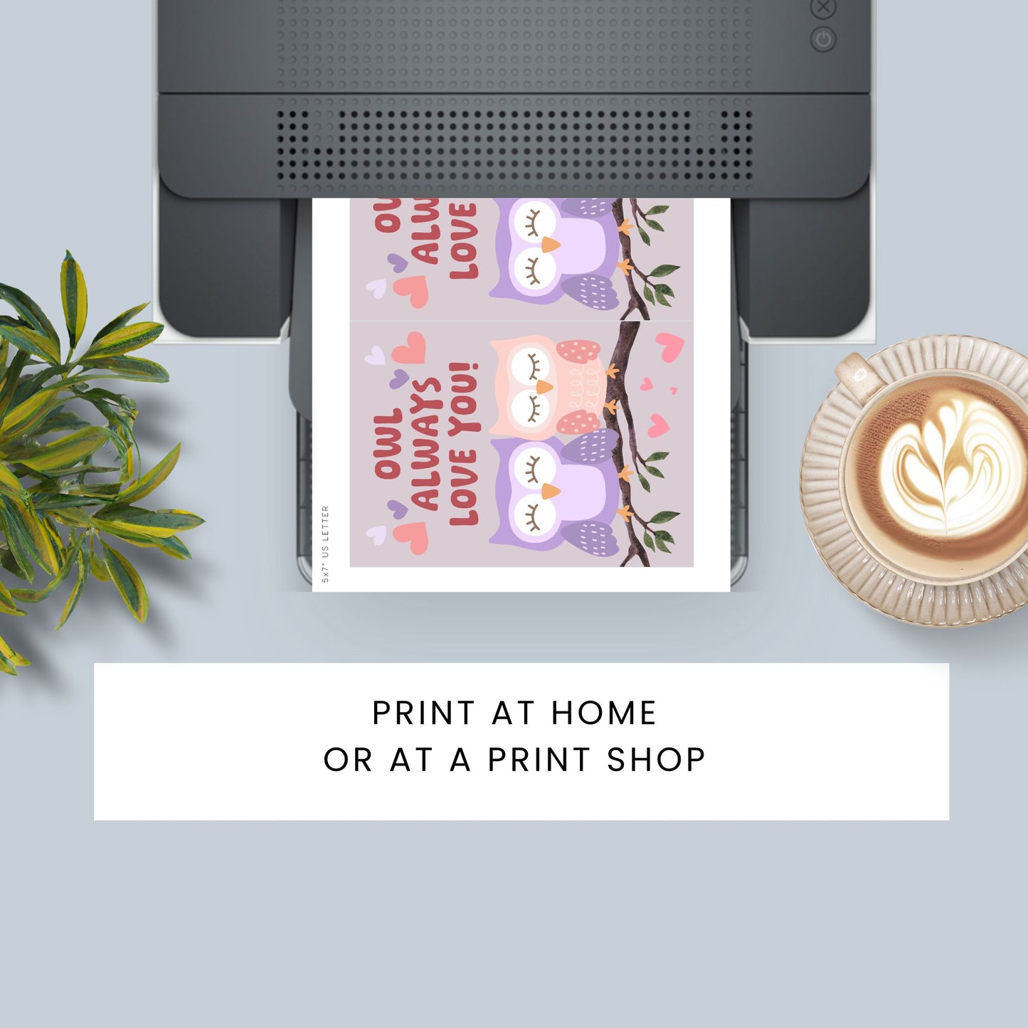 Printable Valentine’s Day Greeting Card featuring the pun “Owl Always Love You.” Designed as a 5x7 PDF on an 8.5 x 11 sheet with two cards per page. A cute and fun Valentine’s card for owl lovers and friends.