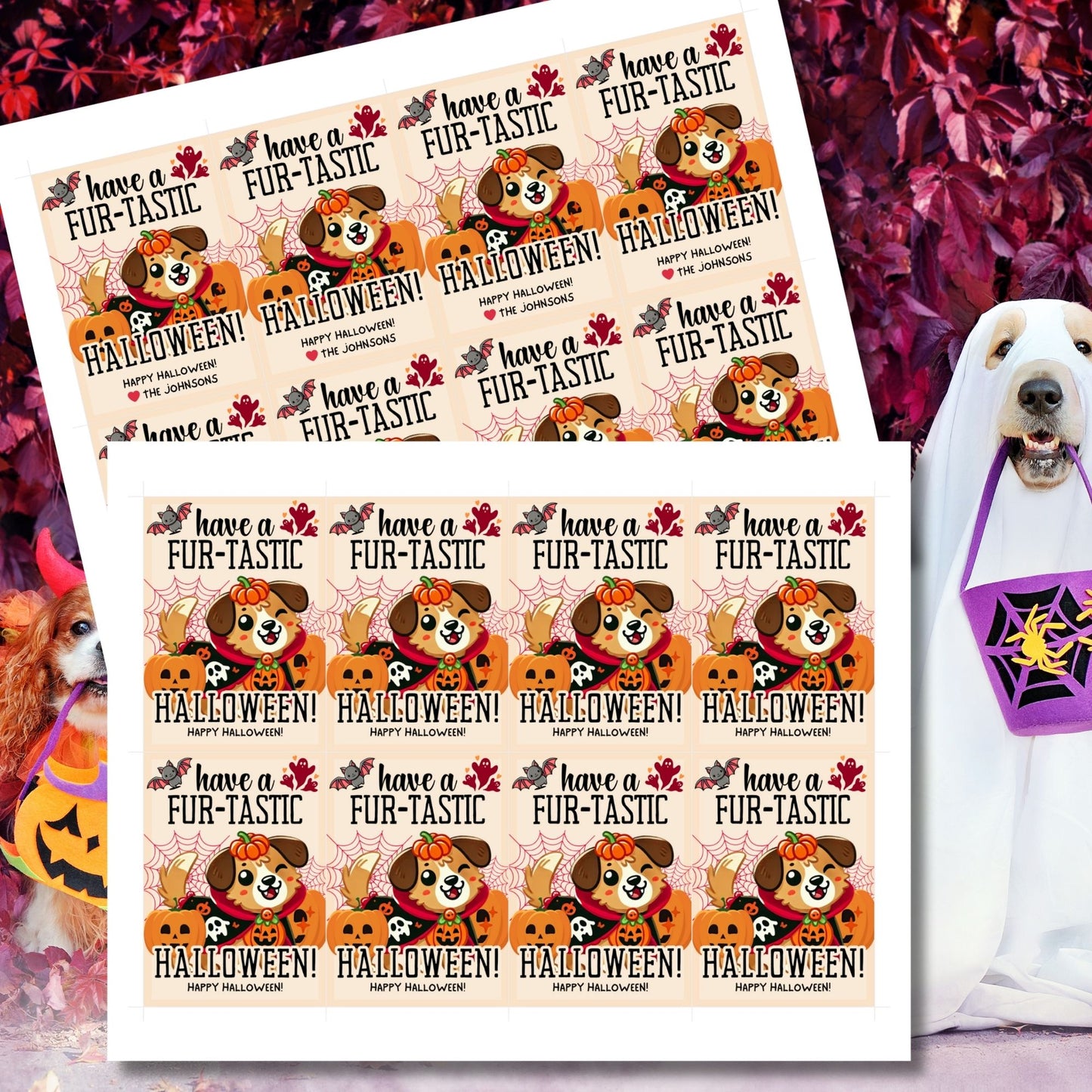 Printable dog-themed Halloween gift tags with the message "Have a Fur-Tastic Halloween!" featuring a cute dog in a pumpkin costume, bats, and pumpkins. The tags are 2.5 x 3.5 inches, laid out 8 per sheet on an 8.5 x 11-inch page. Includes a printable PDF and a link to an editable Canva template.