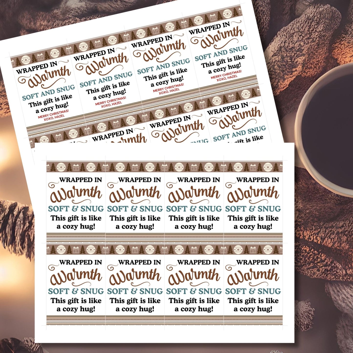 Printable "Wrapped in Warmth" gift tags designed for blankets and cozy gifts. Perfect for personalized or homemade blankets. Includes printable PDF and editable Canva template.