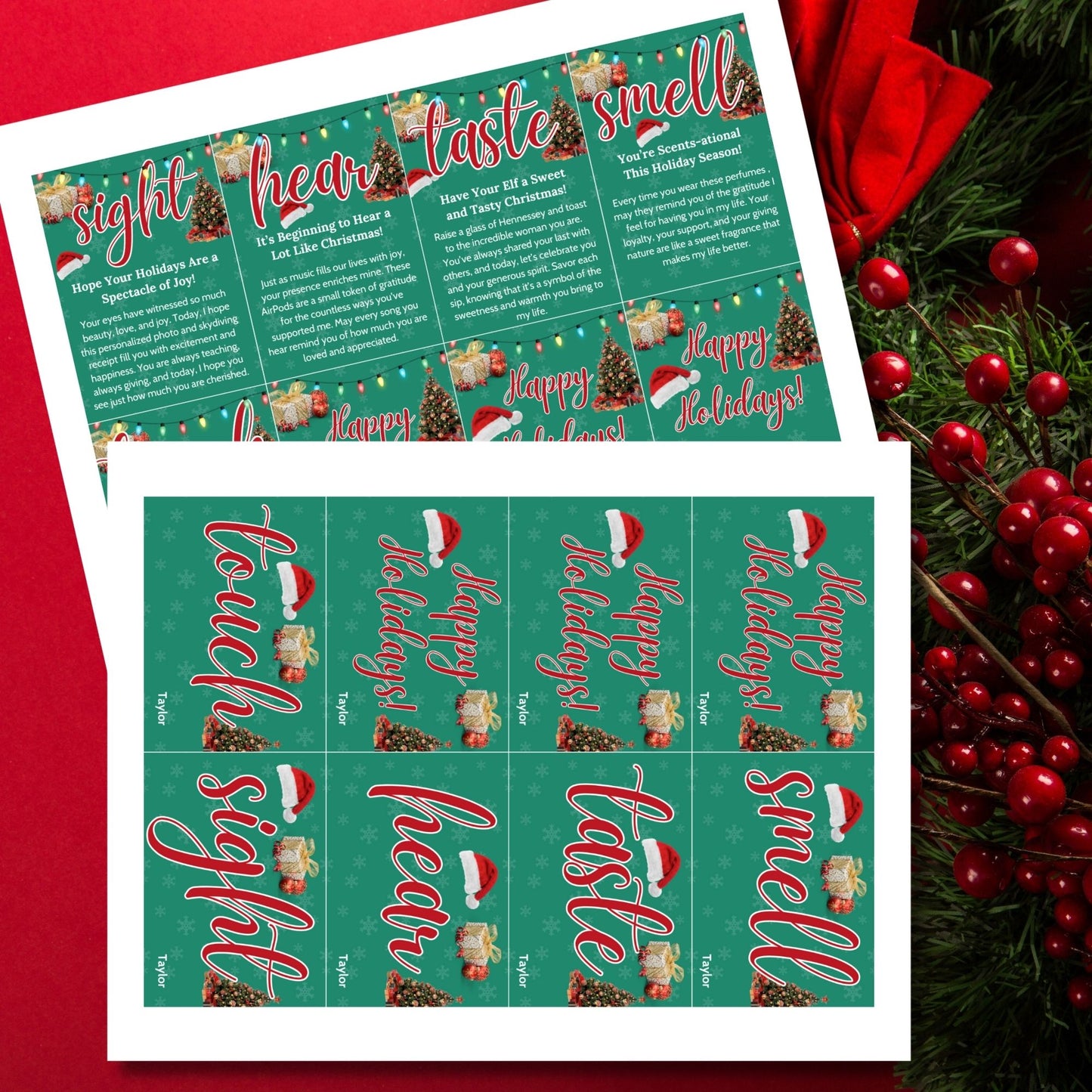 Festive holiday 5 Senses Gift Tags featuring Santa hats, Christmas trees, and snowflakes. Ideal for teachers, nurses, employees, and more. Includes an editable Canva template with personalized descriptions. Double-sided and perfect for spreading holiday cheer!