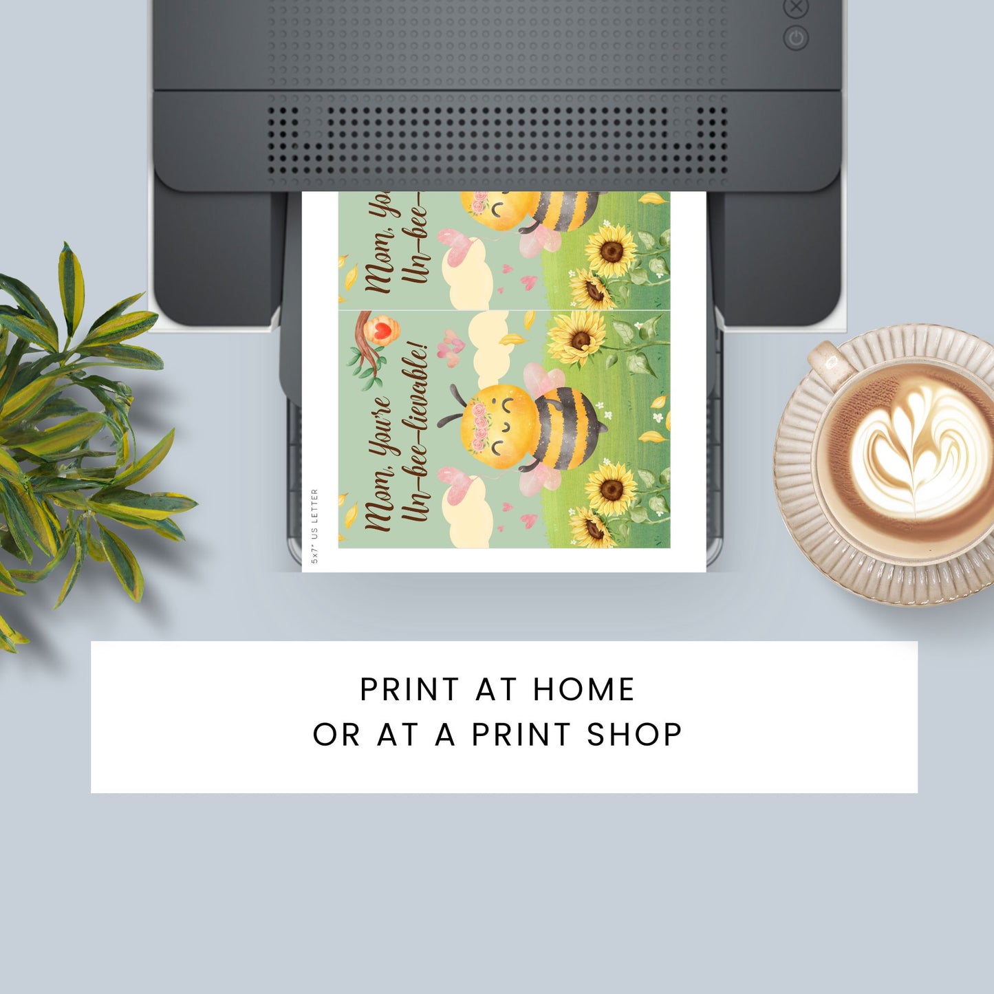 Printable 5x7 Mother’s Day card with a bee illustration and the message “Mom, You’re Unbeelievable,” featuring bright yellow and pastel colors, available as an instant download PDF.