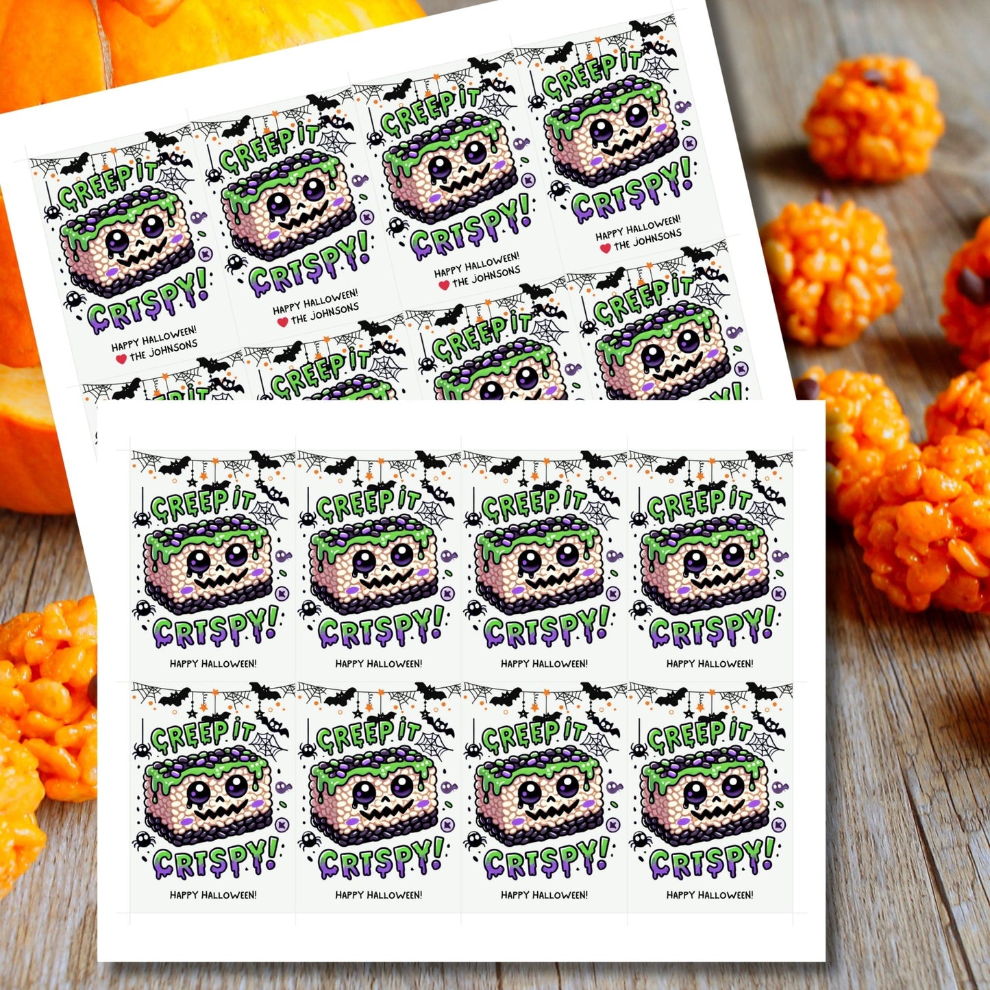 Halloween-themed printable gift tags featuring a spooky rice krispie treat with green frosting and purple sprinkles. The tag reads "Creep It Crispy!" Perfect for Halloween treats, sized 2.5 x 3.5 inches, laid out 8 per sheet. Includes a printable PDF and a link to an editable Canva template.