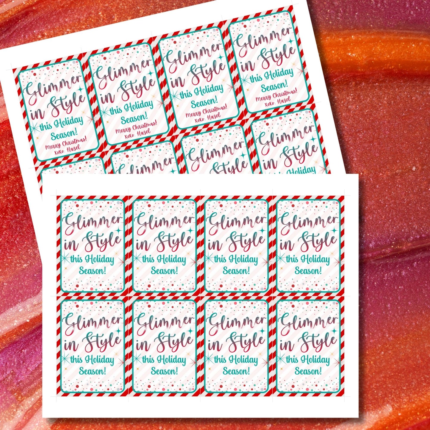 Festive "Glimmer in Style this Holiday Season" gift tags with a candy cane border, ideal for makeup gifts like lip gloss, lipstick, or eyeshadow. Includes printable PDF and editable Canva template.