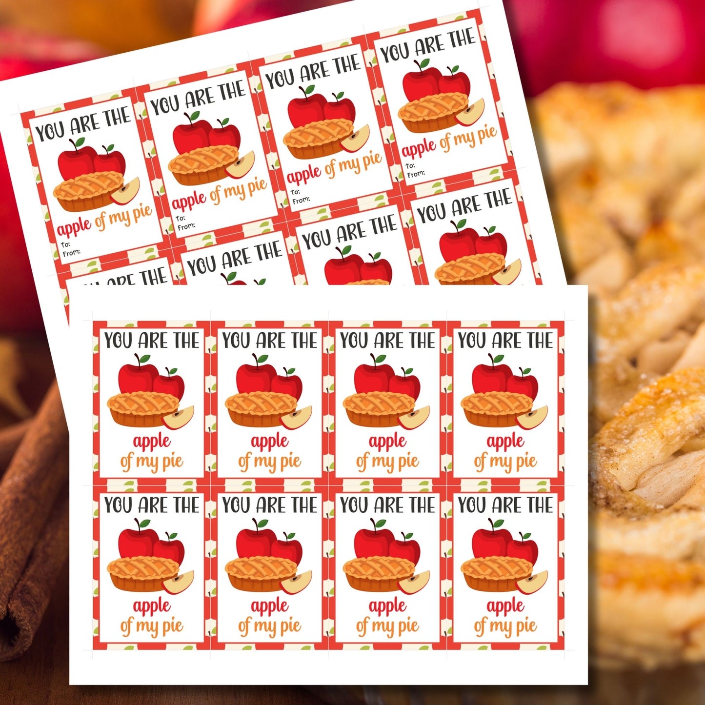 Editable apple pie-themed fall gift tags in 2.5 x 3.5 inches, 8 per sheet, available as printable and customizable PDFs.