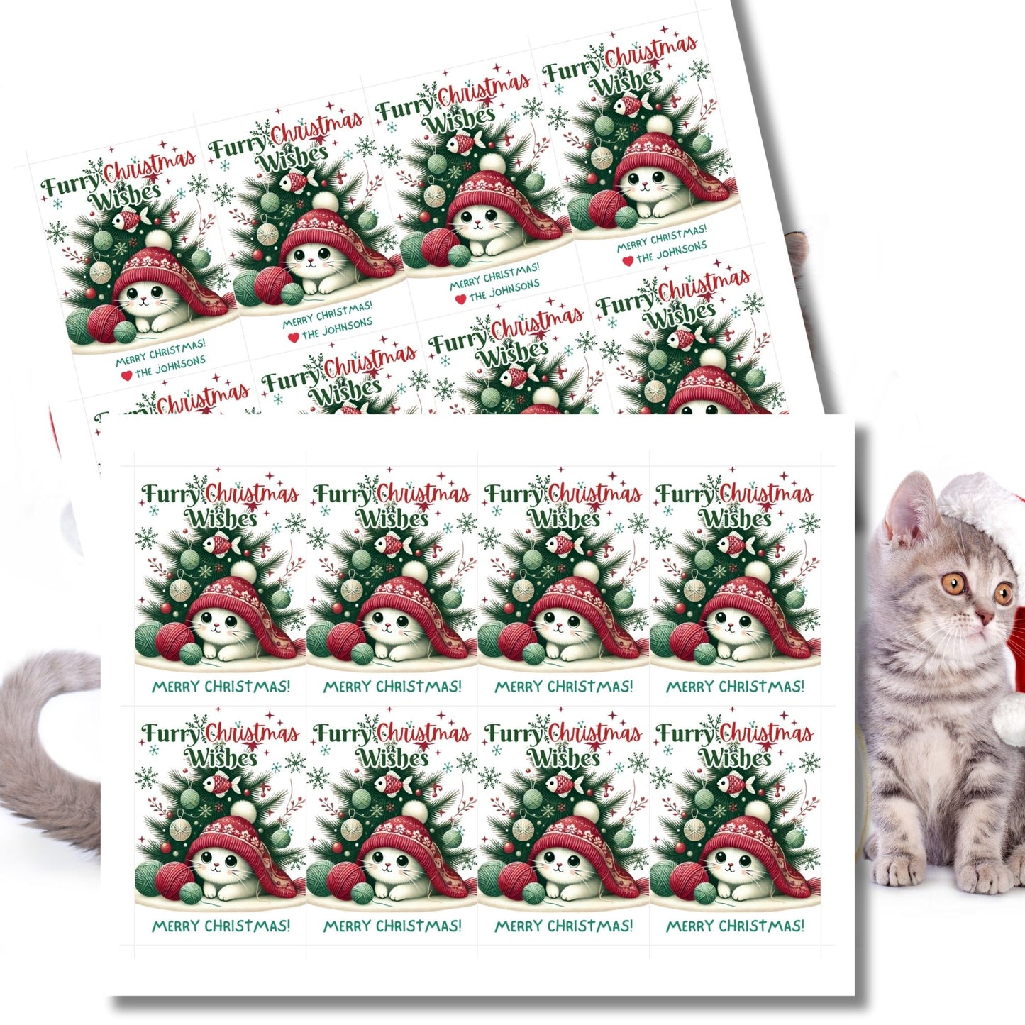 Christmas gift tags featuring an adorable kitten in a festive scene, with the message "Furry Christmas Wishes." These printable and editable tags are perfect for cat lovers and add a cute, cozy touch to holiday gifts.