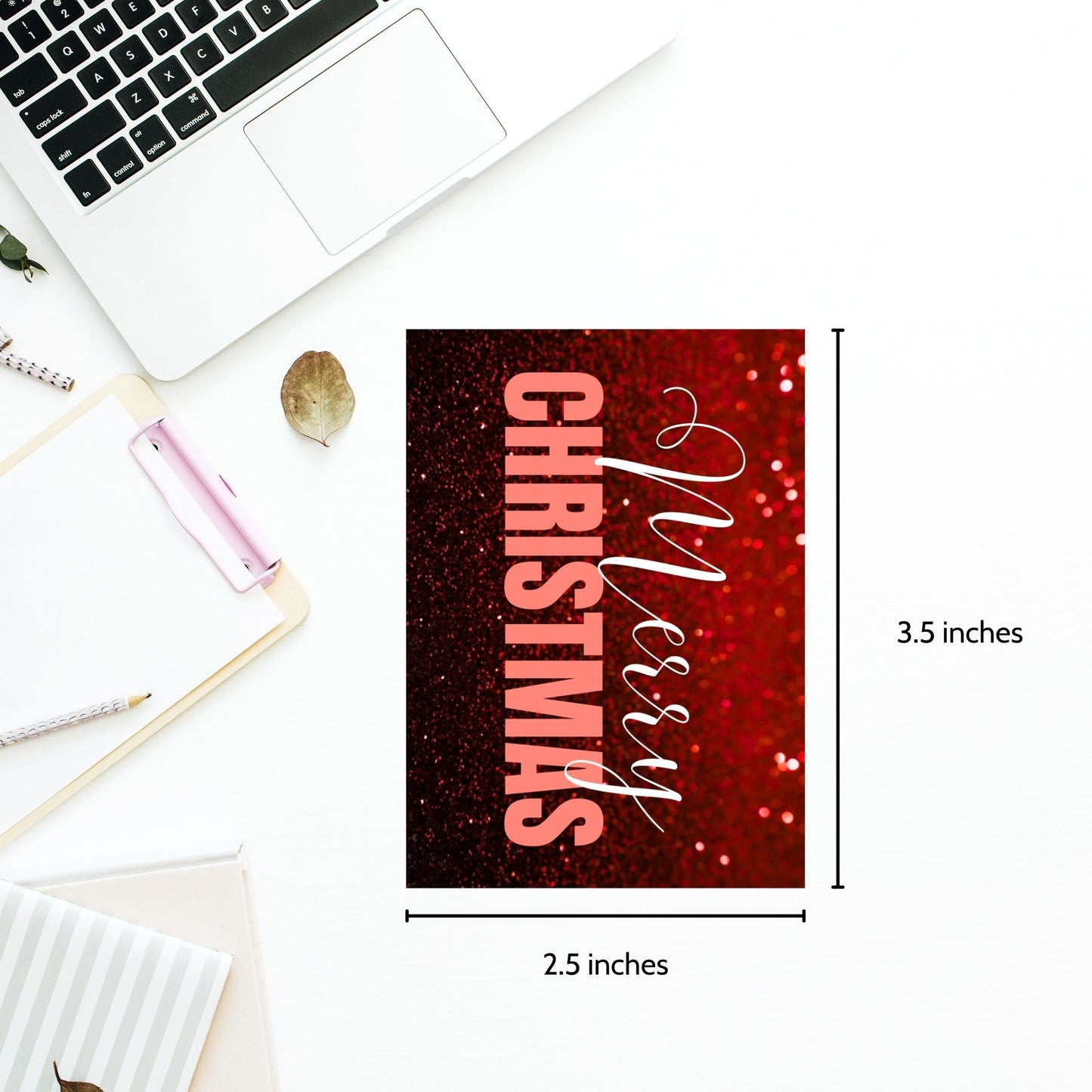Red-themed ready-to-print Christmas gift tags featuring a glittery red background with elegant "Merry Christmas" text, 2.5 x 3.5 inches, 8 per 8.5 x 11-inch sheet.