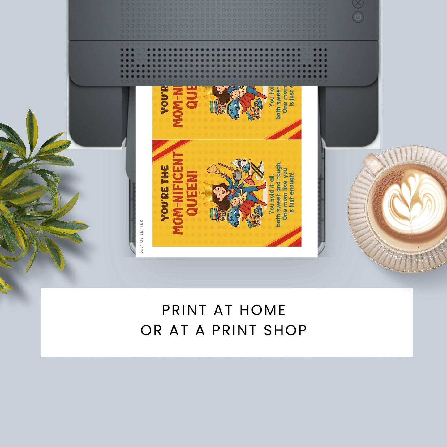 Printable 5x7 Mother’s Day card featuring a cartoon Supermom juggling a baby, cooking, ironing, and housework with a crown and cape, titled “You’re the Momnificent Queen.” Instant download PDF.