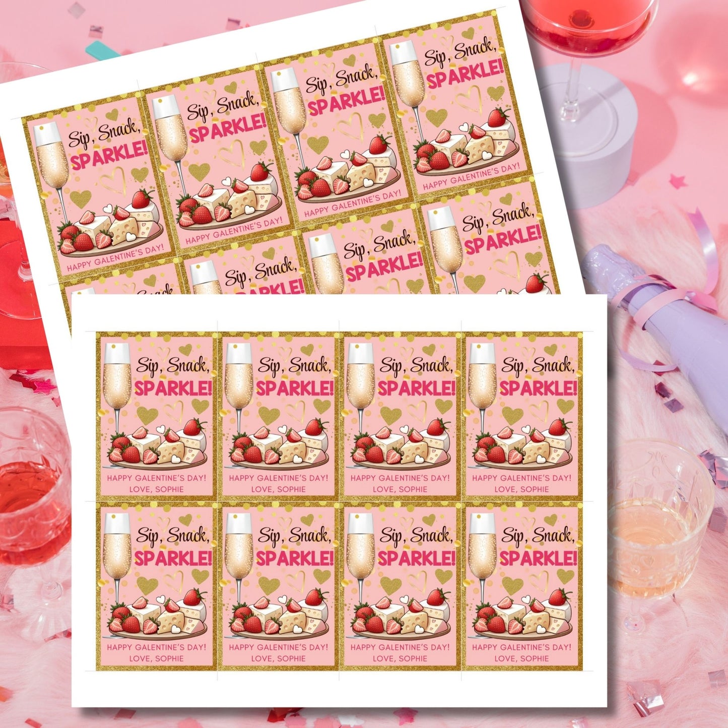 Chic printable and editable Galentine’s Day gift tags featuring champagne, cheese, strawberries, and the message "Sip, Snack, Sparkle!" Perfect for wine nights, brunch, or Galentine’s gift bags.
