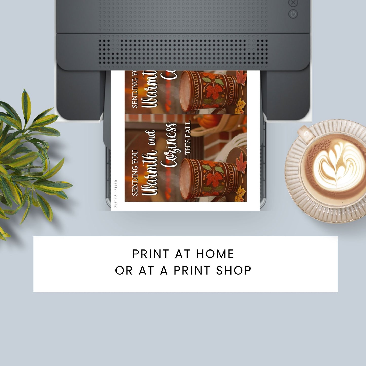 Printable Fall Greeting Card with a cozy scene featuring a steaming mug and fireplace, and the message 'Sending You Warmth and Coziness This Fall,' ideal for autumn greetings.