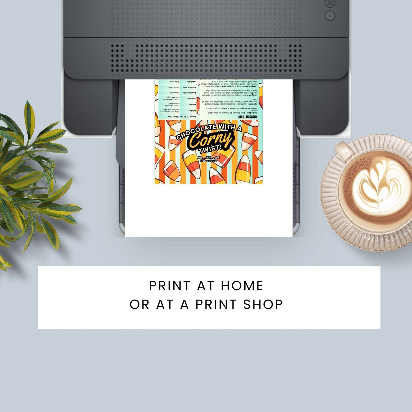 Printable and editable candy corn-themed Halloween chocolate bar wrapper featuring candy corn graphics and colorful stripes, perfect for trick-or-treat and Halloween parties.