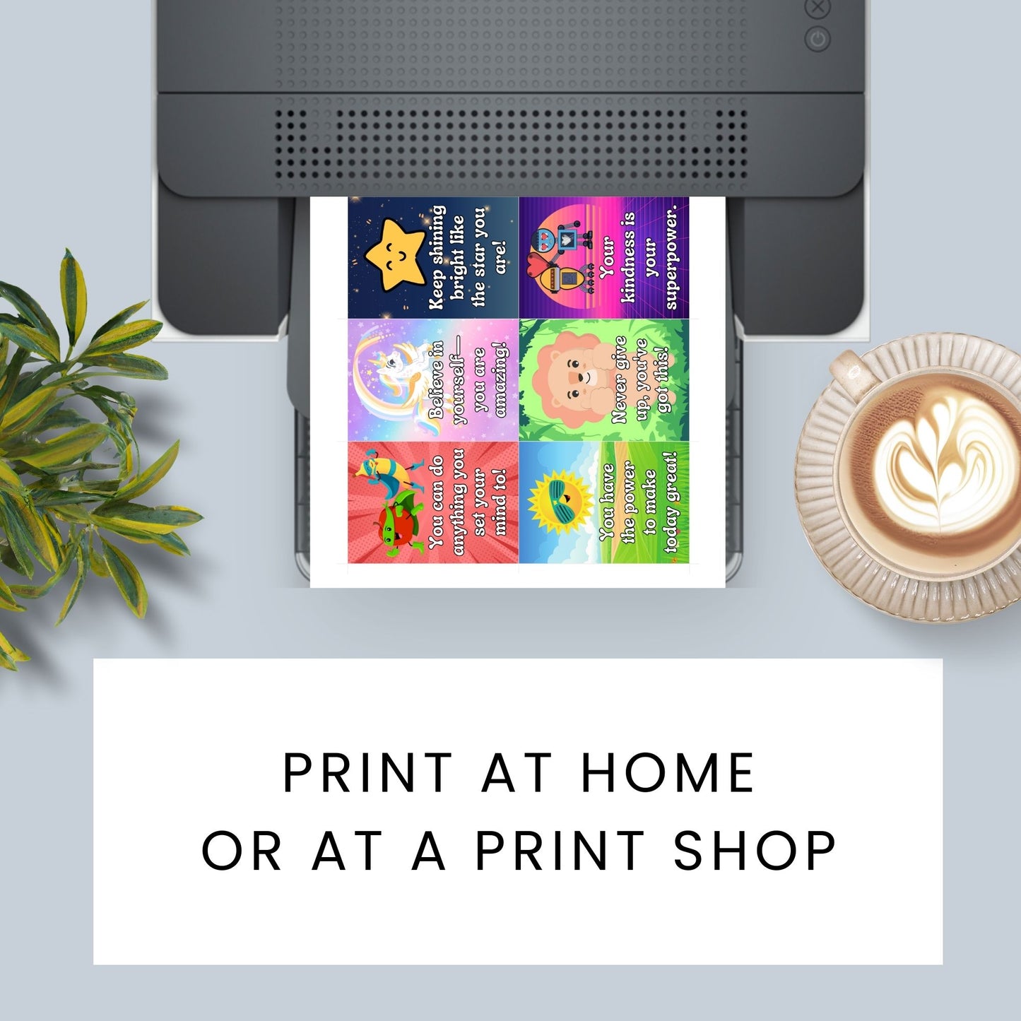 A collection of 16 colorful and motivational printable lunch box notes with fun designs, perfect for brightening up a child's lunchtime.