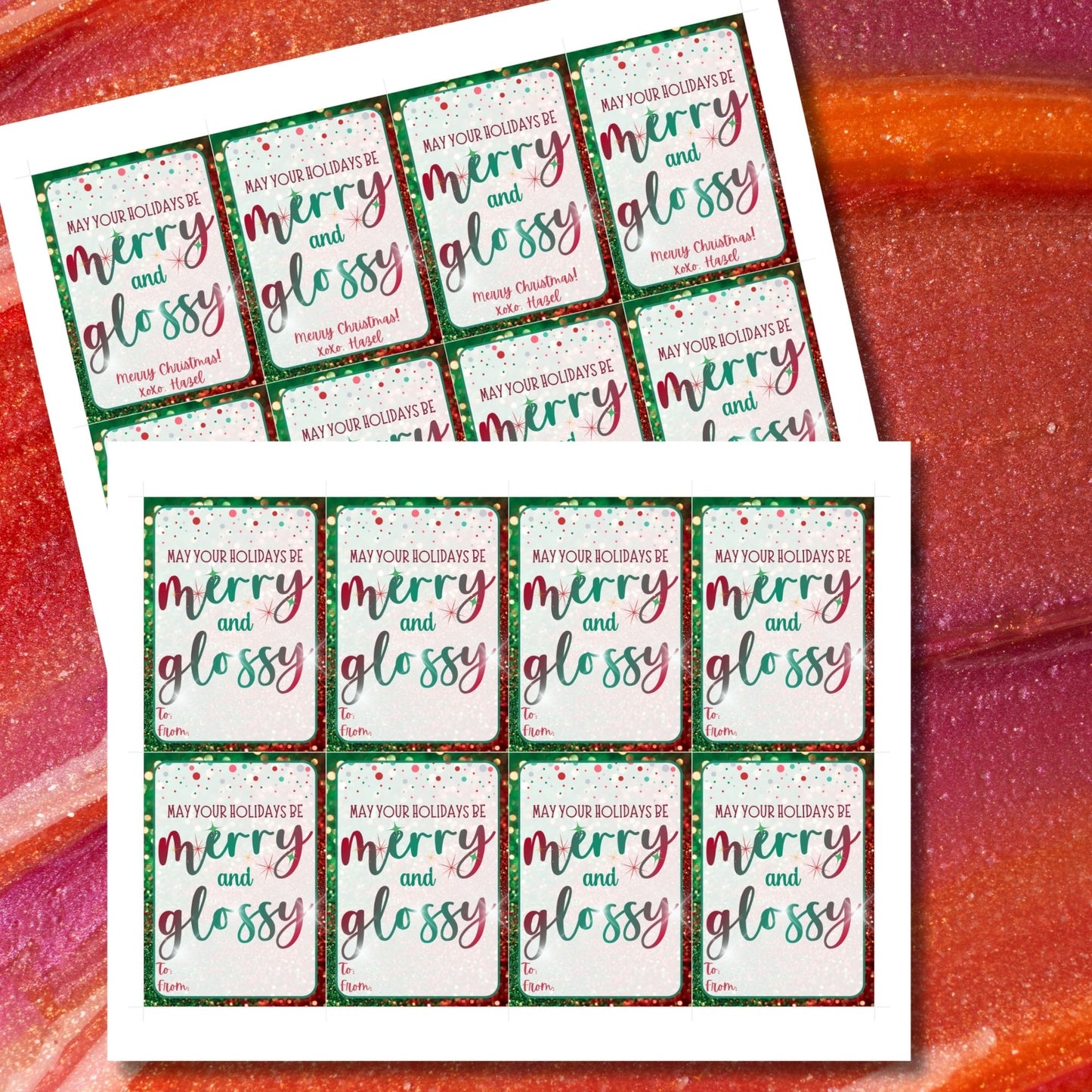 Christmas gift tags featuring the message "May Your Holidays Be Merry and Glossy" with a sparkling, festive design. Perfect for gifts like lip gloss, nail polish, or any glossy present, these printable and editable tags add a polished holiday touch.
