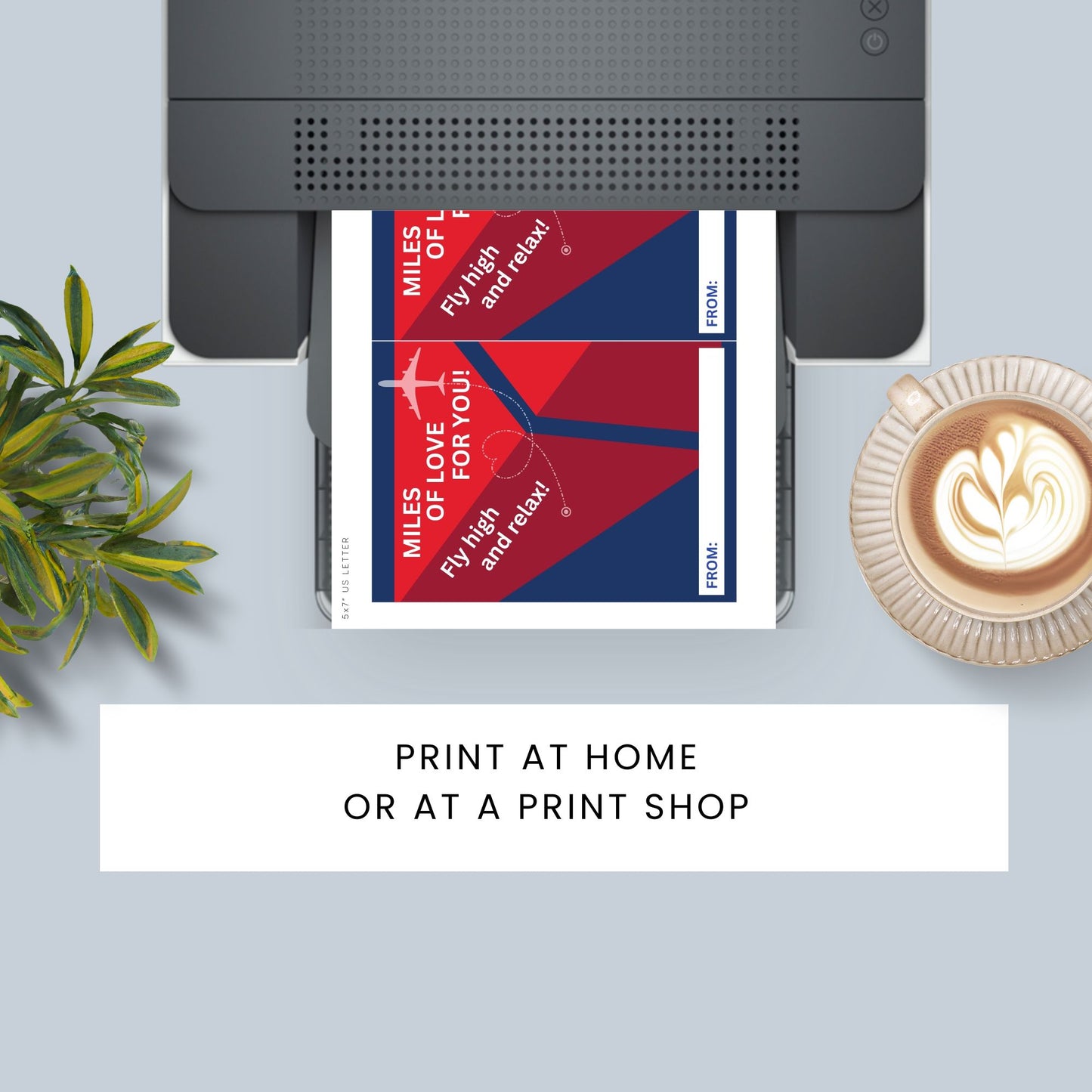 Printable “Miles of Love for You” airline travel-themed gift card holder for Mother’s Day, Father’s Day, or vacation gifts, 5x7 PDF format.