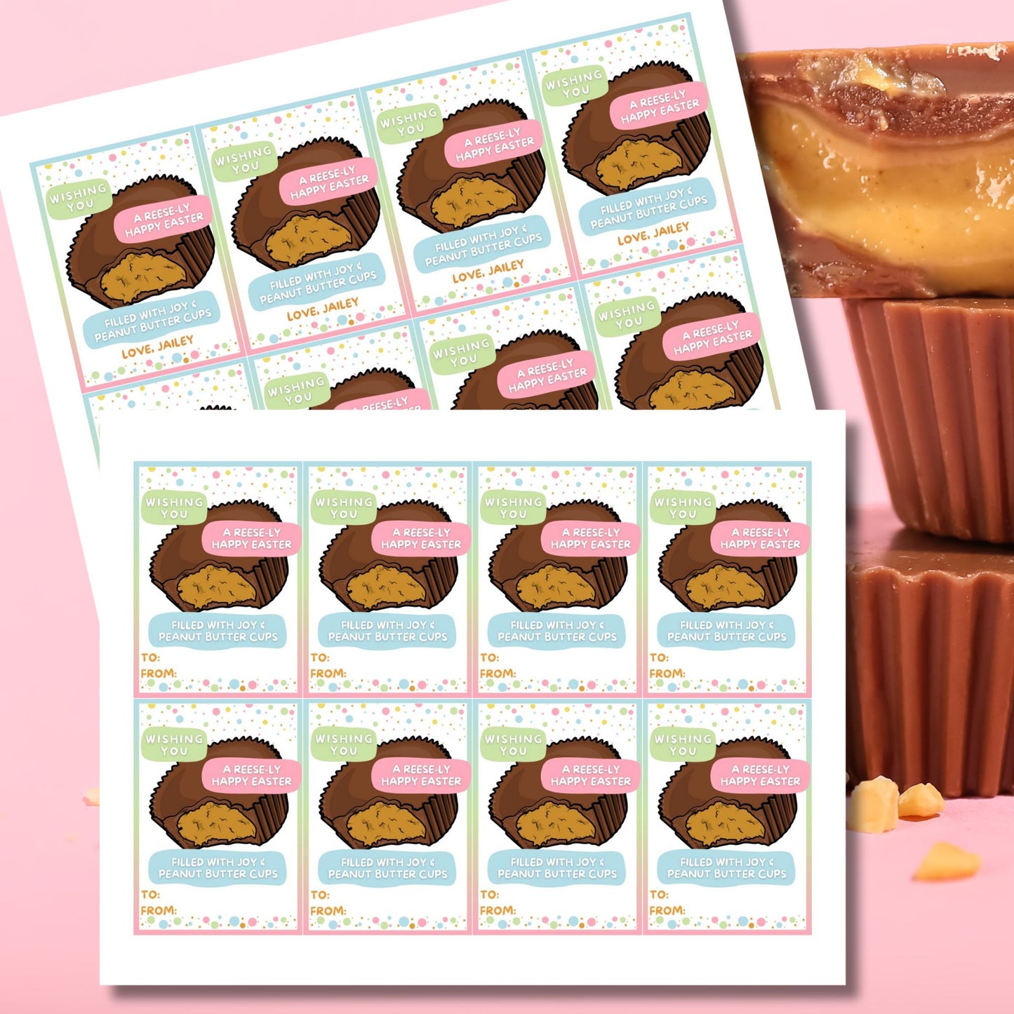 Colorful Easter-themed printable gift tags attached to peanut butter chocolate cups, featuring playful bunny illustrations and the cheerful message 'Wishing You a Hoppy Easter!