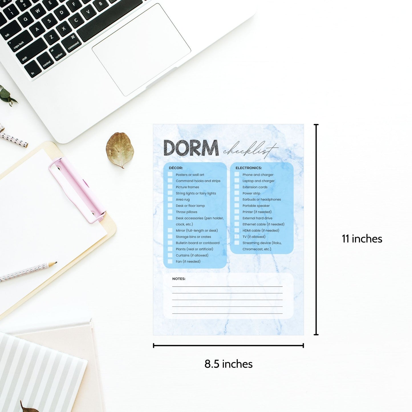 Printable Dorm Checklist with a stylish blue marble design, listing all essential items for college students.