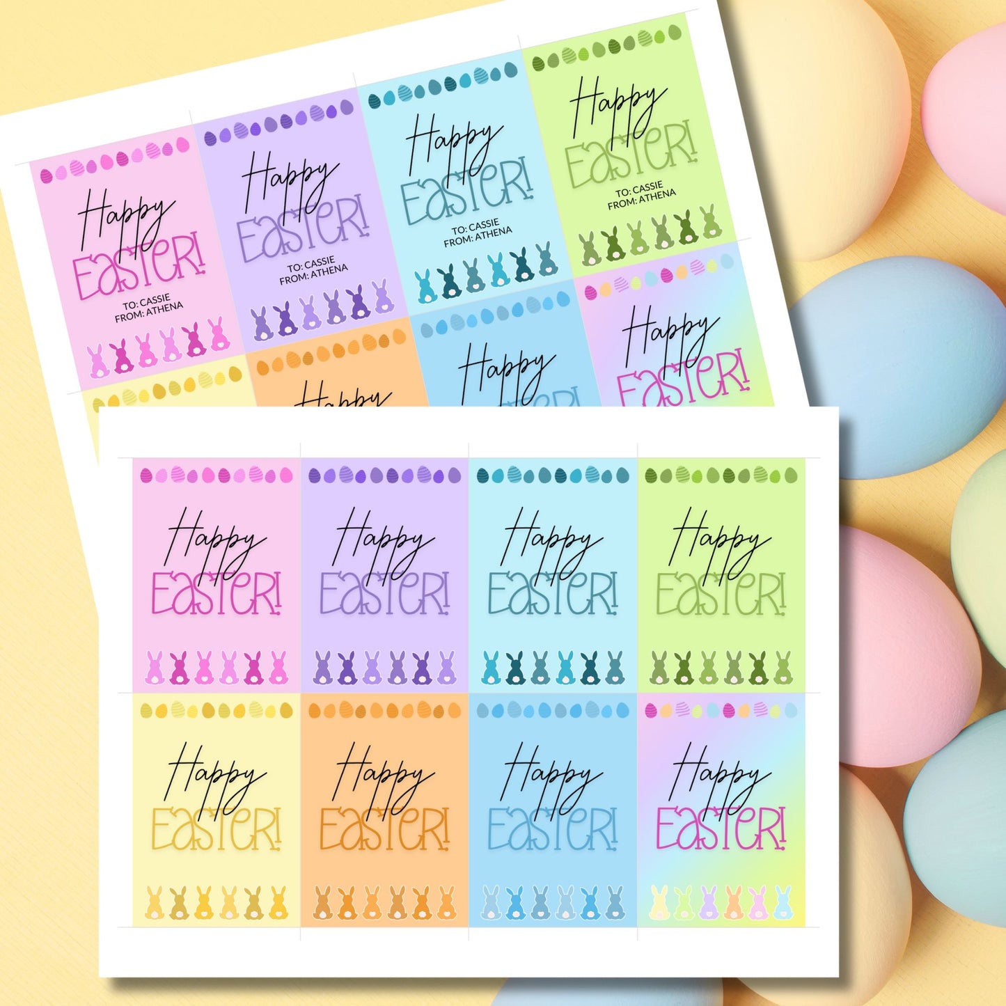 Collection of Happy Easter gift tags in soft pastel colors, featuring playful Easter egg and bunny designs, perfect for personalizing your festive gifts.