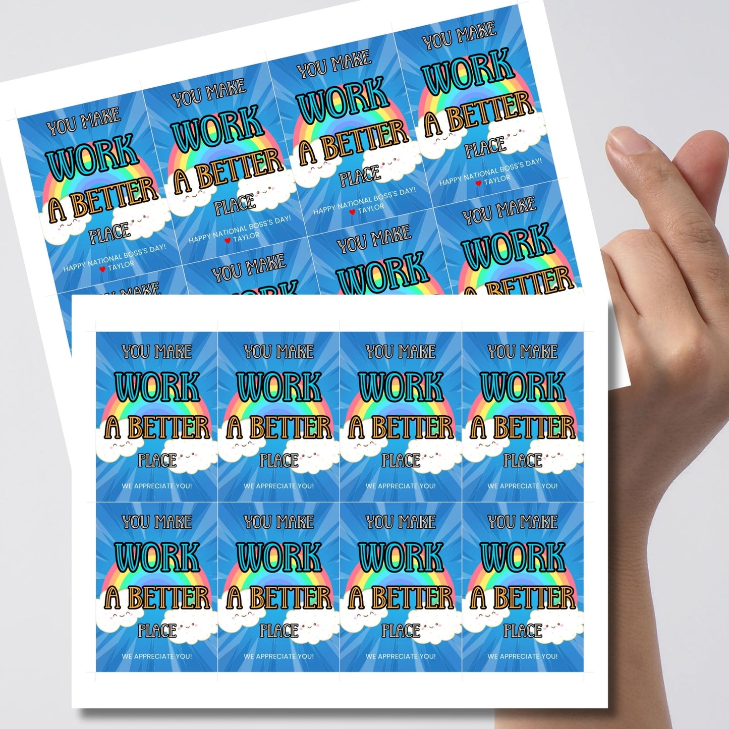 Editable National Boss's Day gift tags featuring a colorful rainbow and the message "You Make Work A Better Place." Each tag is 2.5 x 3.5 inches, 8 per sheet, with room for personalization.