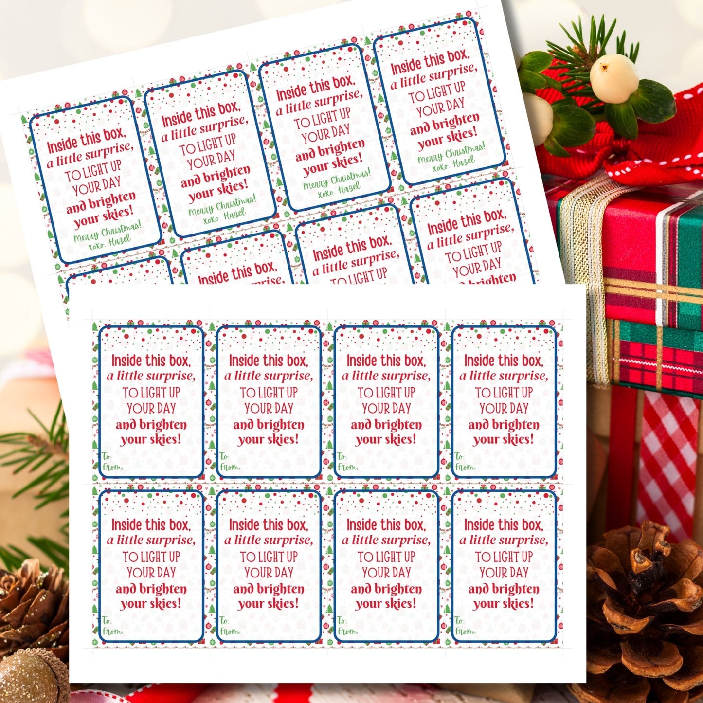Festive holiday gift tags with the message, "Inside this box, a little surprise, to light up your day and brighten your skies." Includes printable PDF and editable Canva template.