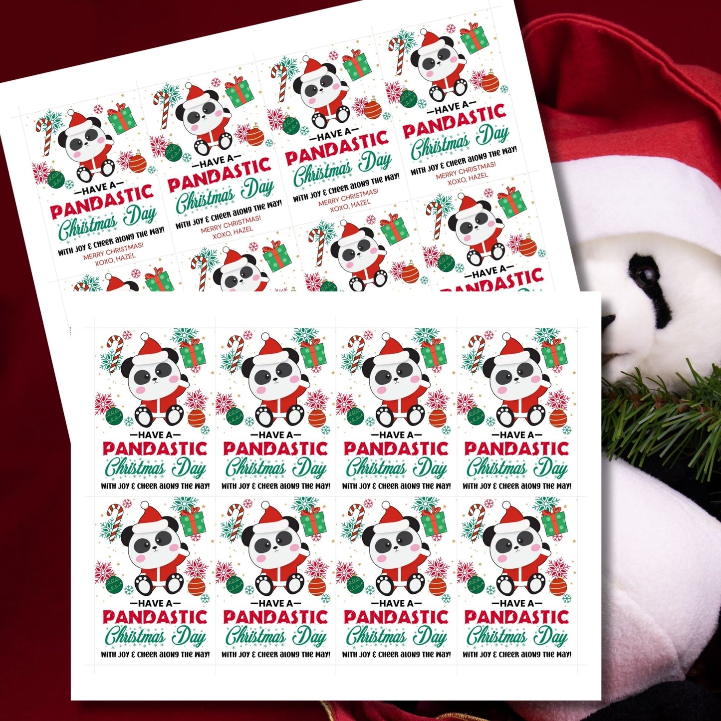 Panda-themed Christmas gift tags featuring a festive panda with holiday decorations and the message 'Have a Pandastic Christmas Day.' Perfect for adding a cute and cheerful touch to holiday presents.