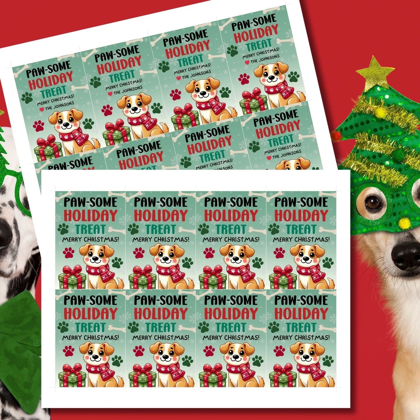 Christmas gift tags featuring an adorable puppy with a scarf and holiday gifts, paired with the message "Paw-some Holiday Treat." These printable and editable tags are perfect for adding a playful touch to holiday gifts for pet lovers.