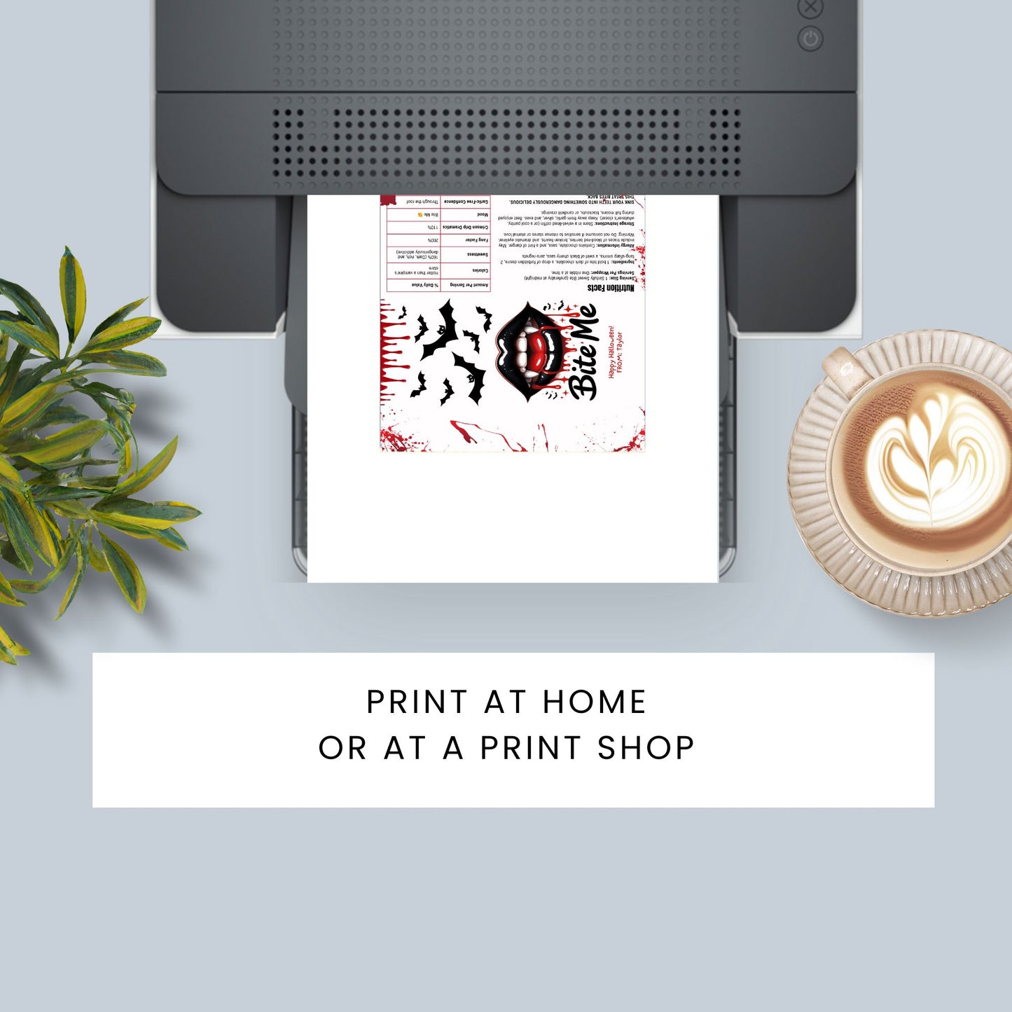 Printer printing a document with a coffee cup and plant on a desk