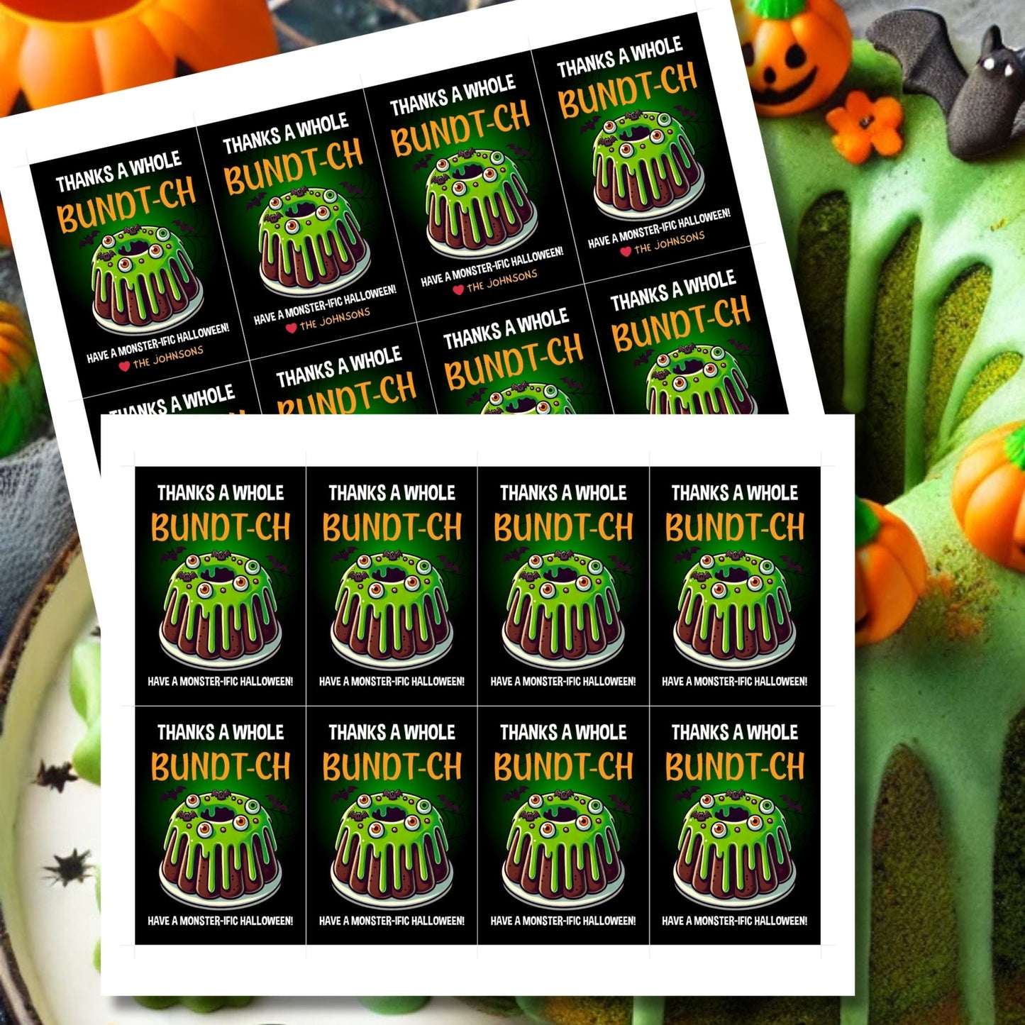 Halloween gift tag featuring a monster-themed bundt cake with green icing, creepy eyeballs, and the message 'Thanks a Whole Bundt-Ch. Have a Monster-ific Halloween!'