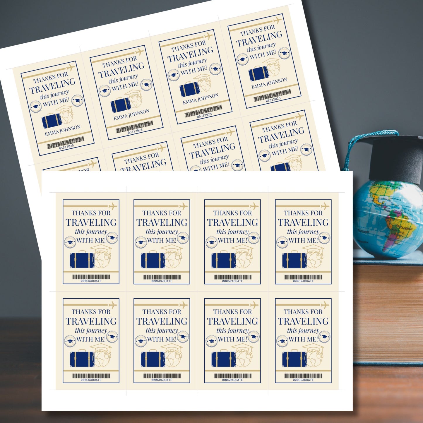 Editable passport-style graduation gift tag, printable digital favor tag with luggage and globe design, travel-themed grad party decoration