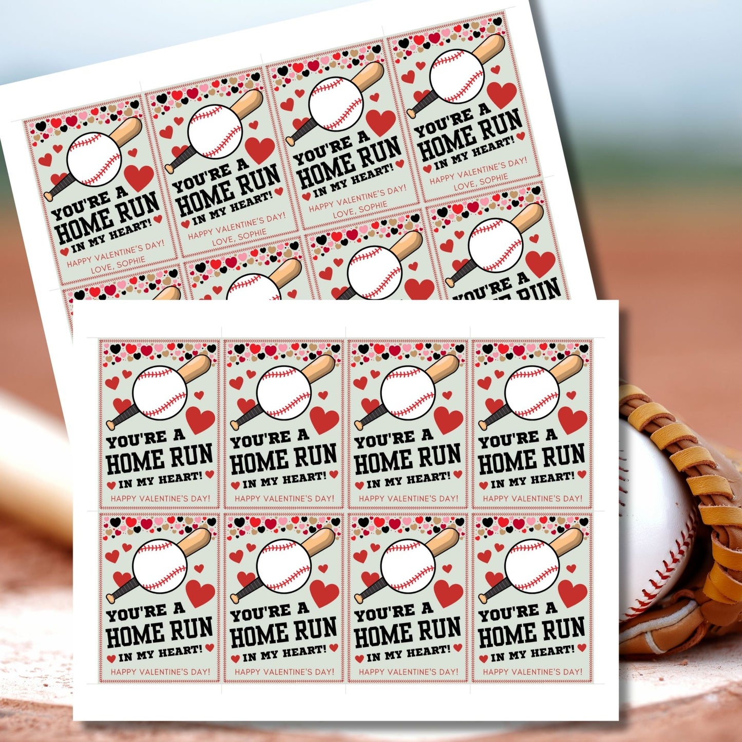 Printable and editable baseball-themed Valentine’s Day gift tags with the message "You’re a Home Run in My Heart." Features a baseball bat, ball, and hearts, perfect for teammates, coaches, and sports lovers.