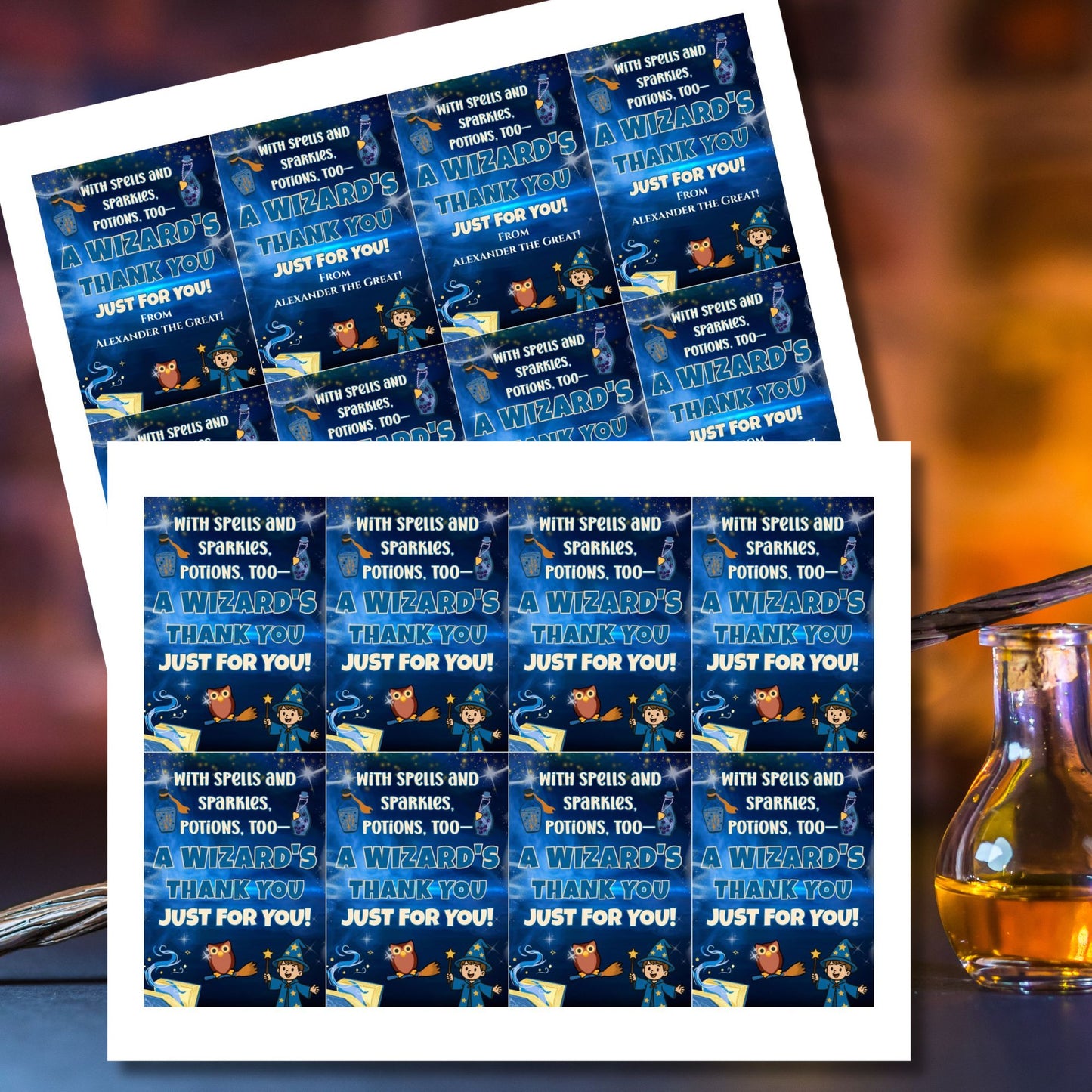 Sheet of personalized wizard-themed thank you cards with a potion bottle on a gradient background.