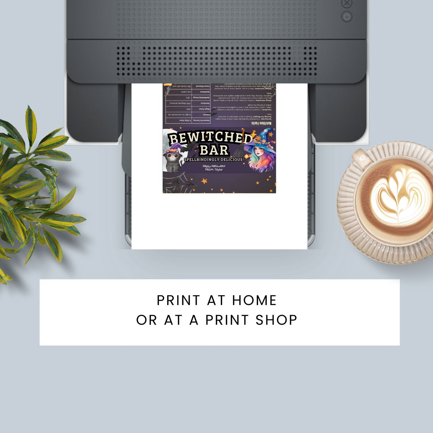 Printable and editable witch and cat-themed Halloween chocolate bar wrapper featuring a colorful witch and black cat, perfect for Halloween treats and parties.