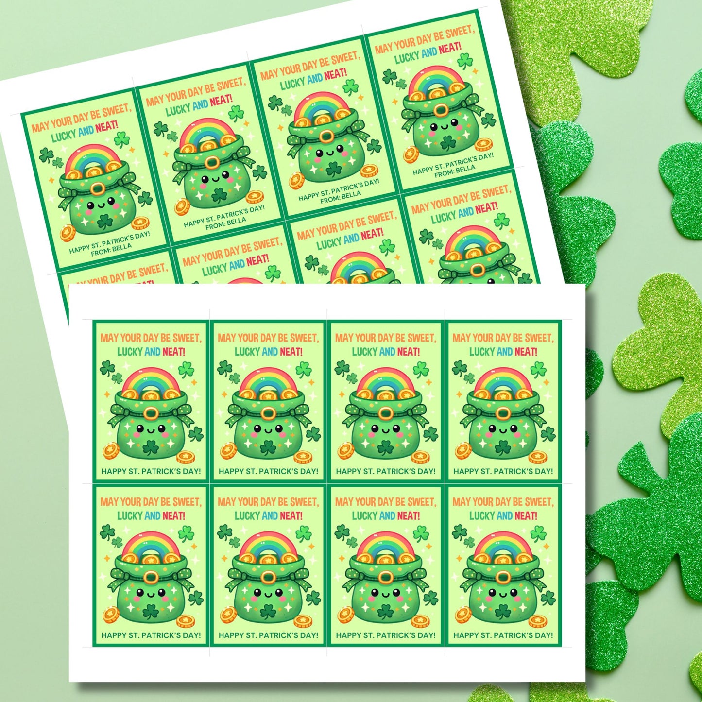 A fun and festive St. Patrick’s Day printable gift tag featuring a cute smiling pot of gold, shamrocks, and a rainbow, with the cheerful message “May Your Day Be Sweet, Lucky, and Neat!” The tags are 2.5 x 3.5 inches, laid out on an 8.5 x 11-inch sheet, 8 per page. Available as a printable PDF and an editable Canva template for personalization.