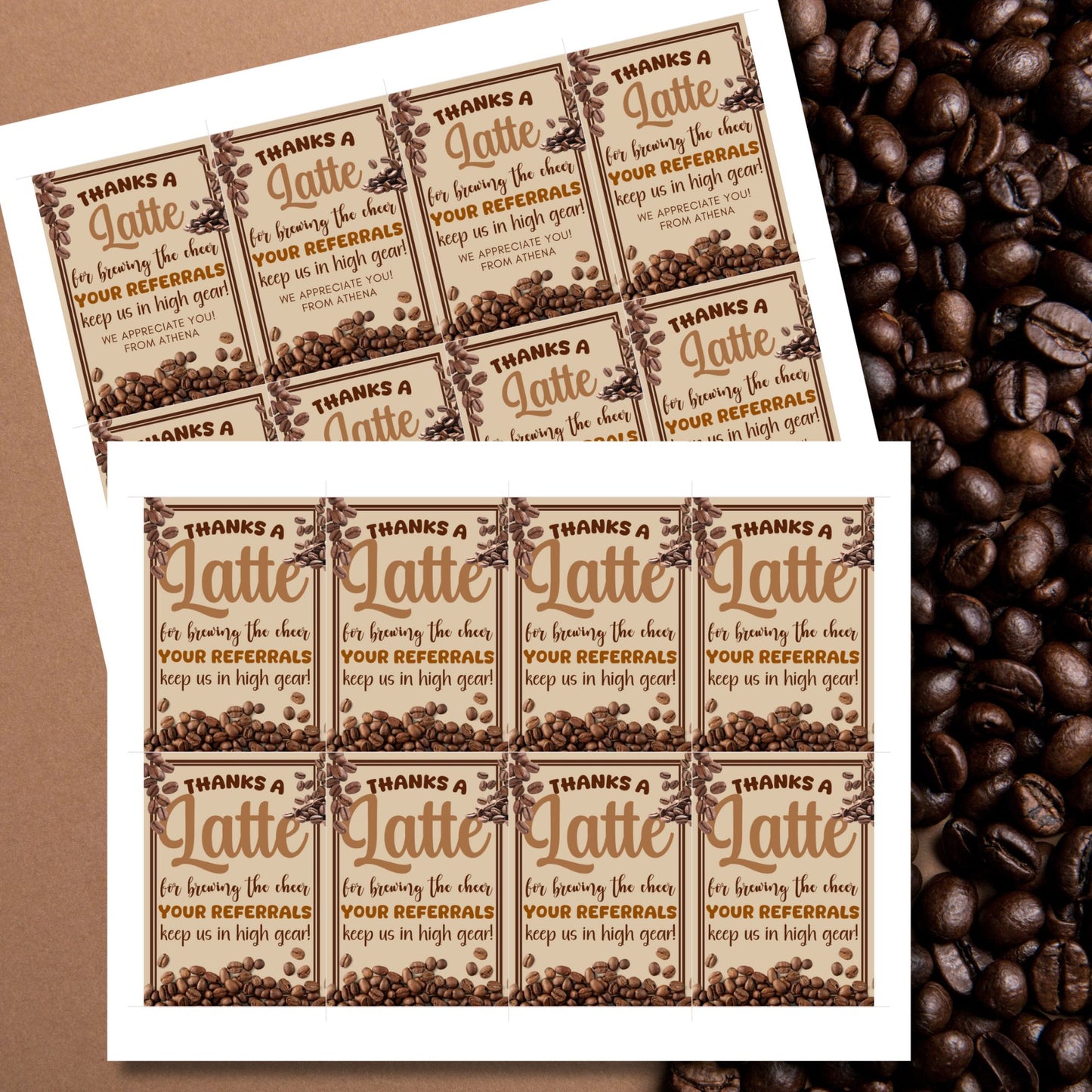 A printable PDF of coffee-themed referral gift tags titled "Thanks a Latte for Brewing the Cheer," customizable through Canva.