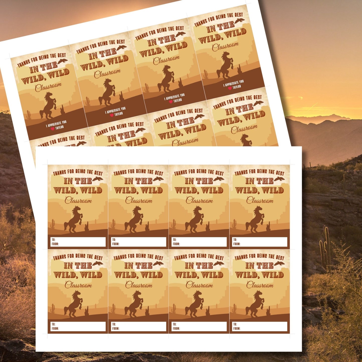Western-themed teacher appreciation gift tags, sized 2.5 x 3.5 inches, with cowboy hat, boots, and lasso designs, laid out 8 per sheet on an 8.5 x 11-inch printable page. Includes editable Canva template for personalization.